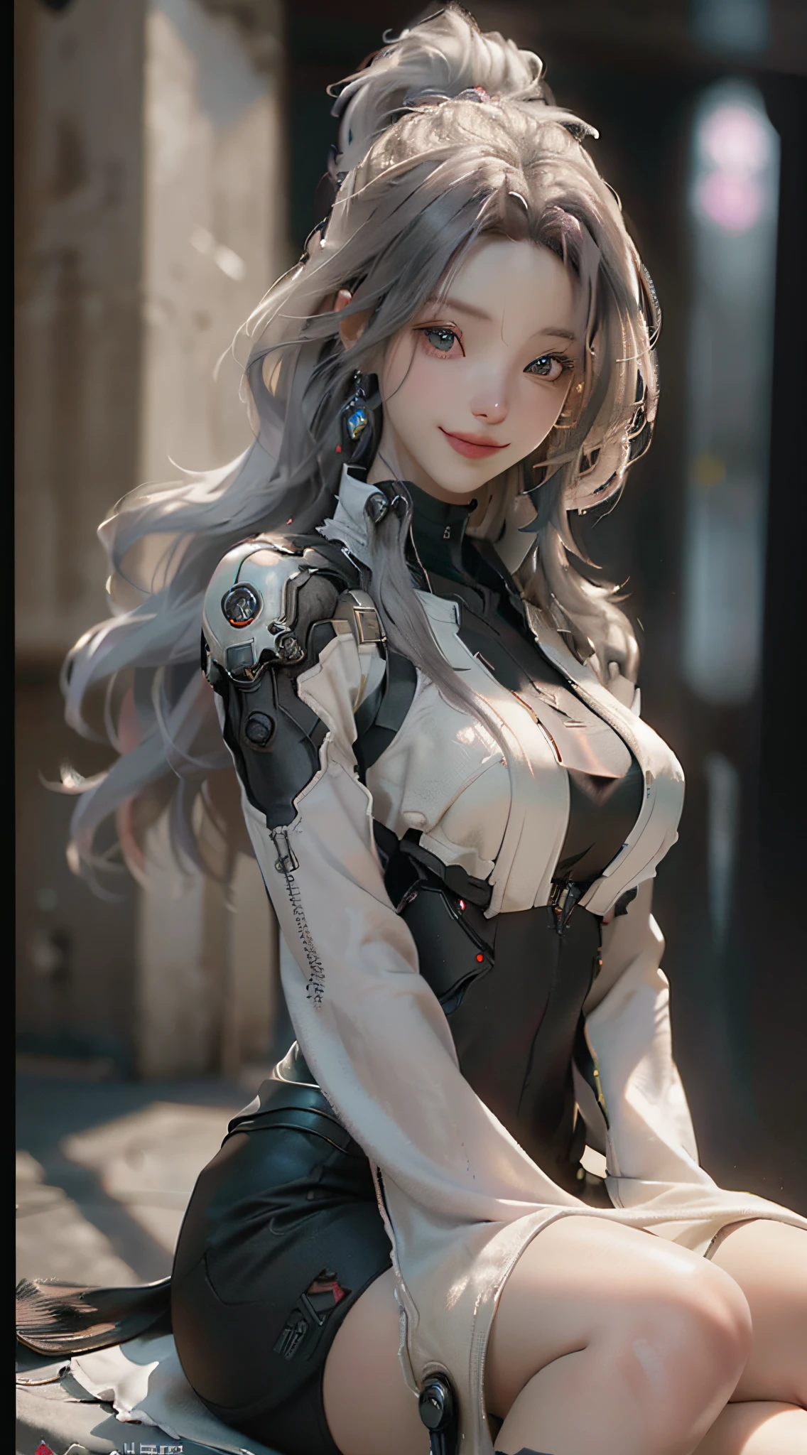 ((Best Quality)), ((Masterpiece)), (Detail: 1.4), 3D, A Beautiful Cyberpunk Female Figure, HDR (High Dynamic Range), Ray Tracing, NVIDIA RTX, Super-Resolution, Unreal 5, Subsurface Scattering, PBR Texture, Gray Hair, Incredibly Long Hair, Smile, Look Over, Sitting on a Motorcycle, Post-Processing, Anisotropic Filtering, Depth of Field, Maximum Clarity and Clarity, Multi-layered Texture , Albedo and Specular Mapping, Surface Coloring, Accurate Simulation of Light-Material Interactions, Perfect Proportions, Octane Render, Bicolor Light, Large Aperture, Low ISO, White Balance, Rule of Thirds, 8K RAW,