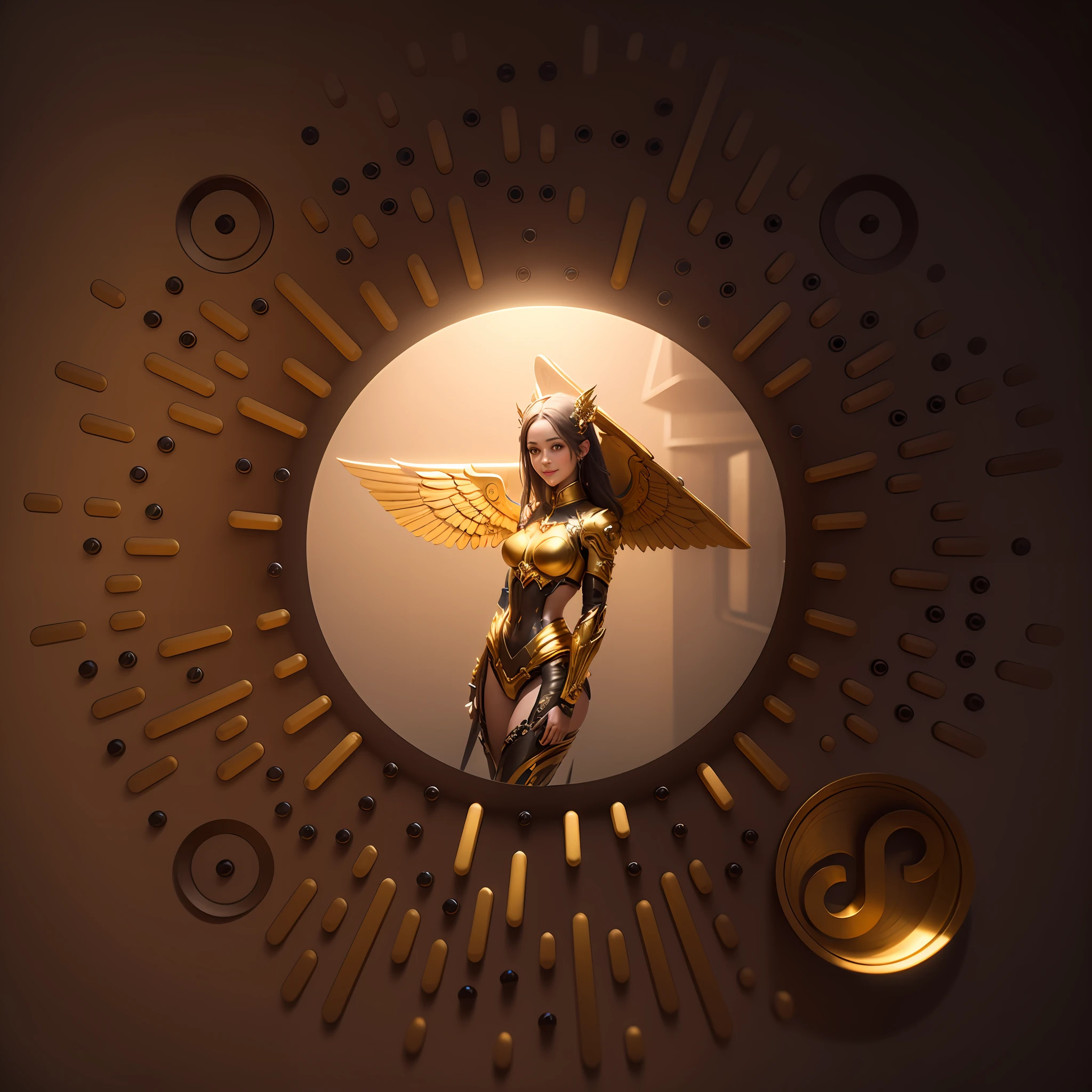 (Masterpiece), (Excellent), (Ultra detailed), (Solo), golden theme, 1 mechanical female warrior,standing on your feet,Wings,Smile,circular base,Black and white background, Natural light, 3D render, 8K