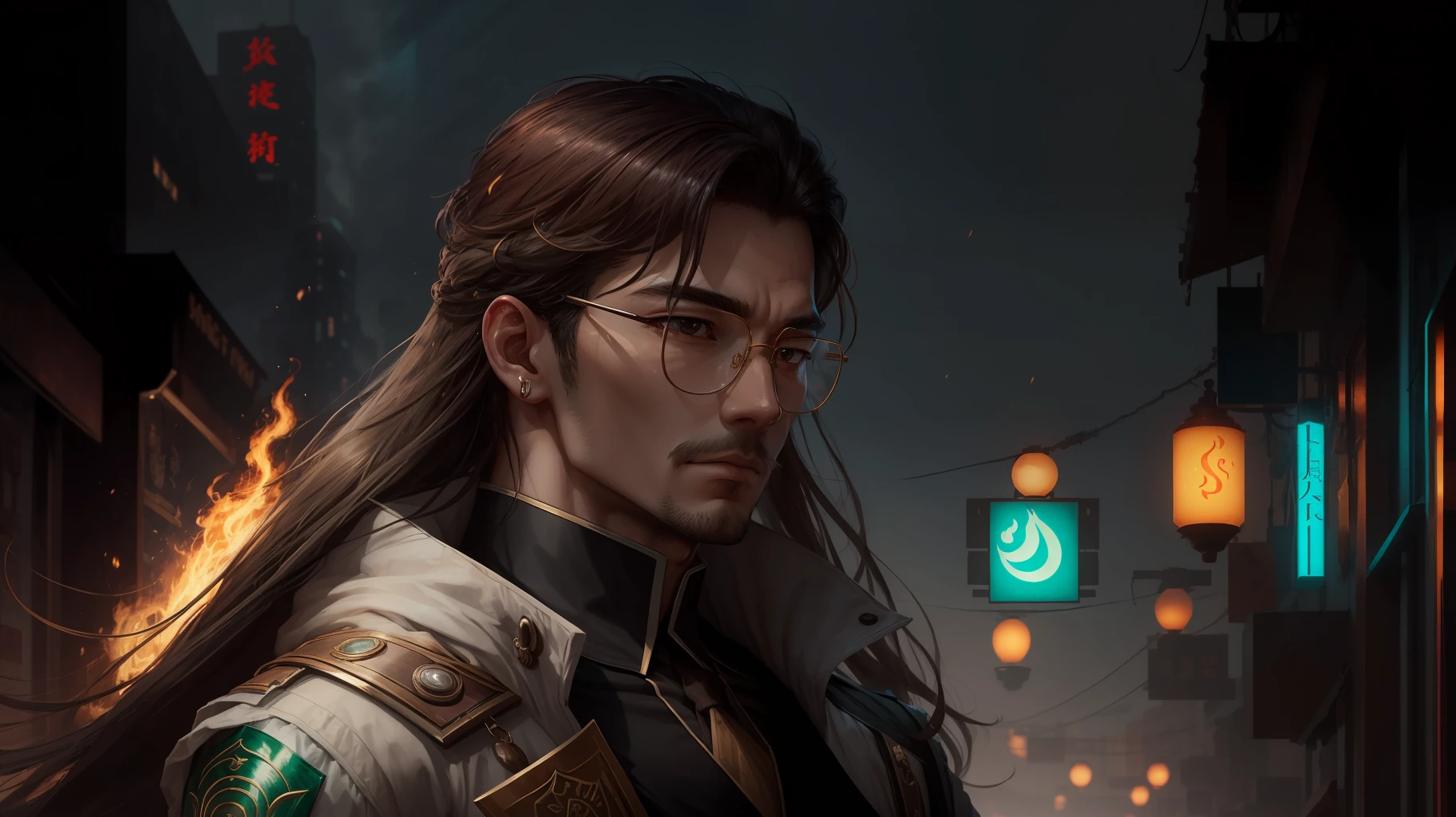 (best qualtiy,tmasterpiece) Ignite the cyberpunk flair,Gray plains mourn, mature gentlemanly demeanor,The shoulders are as broad as Xu Lin,A yellow-brown medium-long straight hair covers the earlobes,Hands proudly behind you,The details of the glasses are described in great detail,Like a cold goddess,Fair skin is as soft as jade,It also brings out the beauty of delicate hair。 --auto