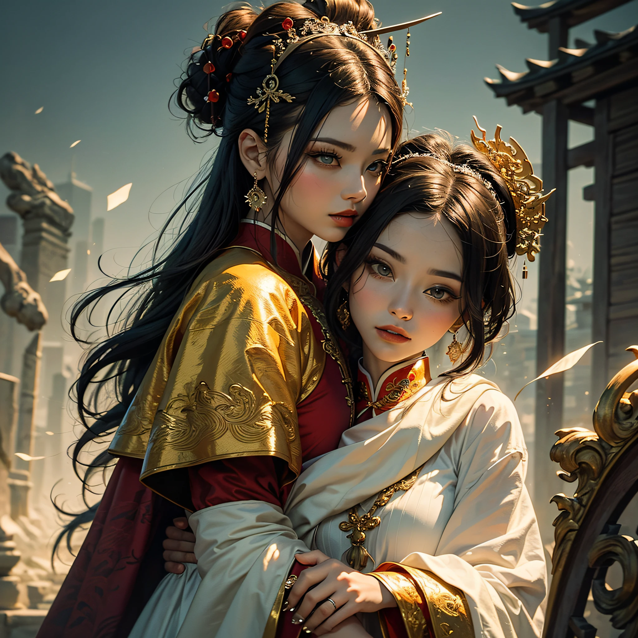 ((Masterpiece:1.2),highest  quality:1.1),(dynamic angle:1.2,dynamicposes:1.2,softlighting:1.1)，A court beauty in a robe put her arm around a little girl，Red pattern with atmosphere，Cold and noble，The golden yellow pattern sparkles，The hair was tied up like a palace maid，Black hair，Insert the blonde hairpin，Set in the back garden of the ancient Chinese Tang Dynasty，Show the splendor and beauty of the Tang Dynasty。Royal style，Bright red lips，Sharp eyes。Please depict the character's face in detail，Especially the eyes and lips。Pay attention to the background，Don't show up。