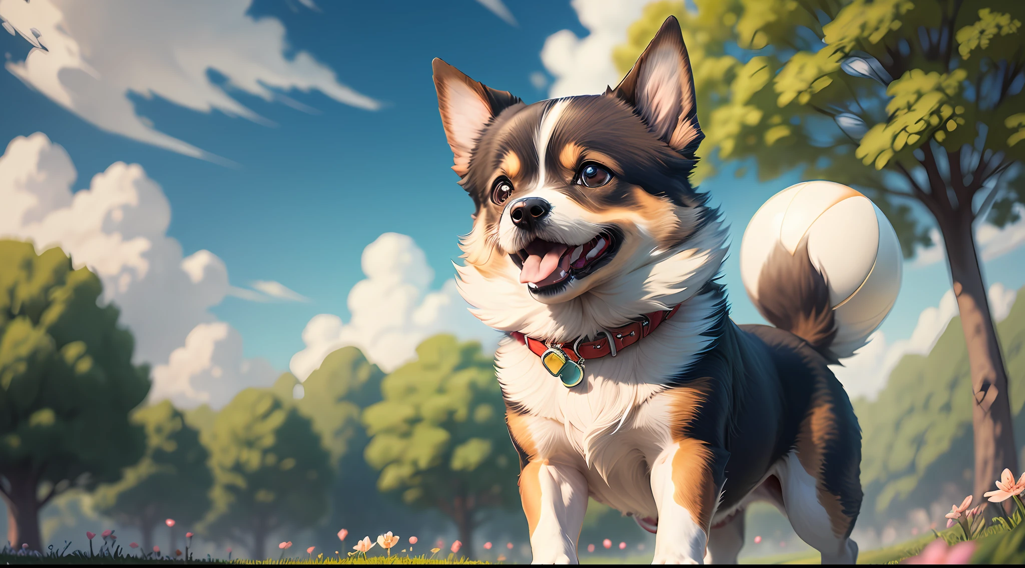 "Enchanting PC wallpaper featuring an adorable animated cartoon dog happily playing in a vibrant park. The dog is full of energy, with a wagging tail and a big smile on its face. It bounds across the lush green grass, chasing a colorful ball. The park is filled with delightful elements like blooming flowers, tall trees, and a bright blue sky with fluffy clouds. The atmosphere is filled with joy and the sense of carefree fun. This delightful wallpaper will bring a playful and cheerful vibe to your desktop. --v 5 --ar 16:9 --stylize 250"