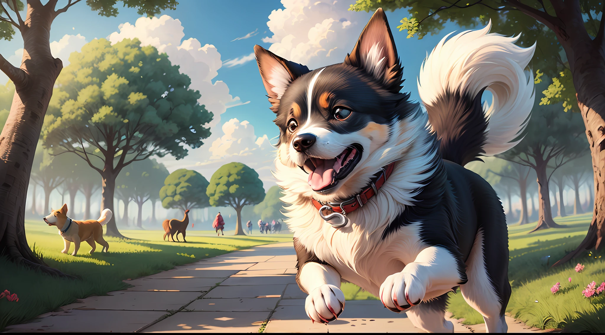 "Enchanting PC wallpaper featuring an adorable animated cartoon dog happily playing in a vibrant park. The dog is full of energy, with a wagging tail and a big smile on its face. It bounds across the lush green grass, chasing a colorful ball. The park is filled with delightful elements like blooming flowers, tall trees, and a bright blue sky with fluffy clouds. The atmosphere is filled with joy and the sense of carefree fun. This delightful wallpaper will bring a playful and cheerful vibe to your desktop. --v 5 --ar 16:9 --stylize 250"