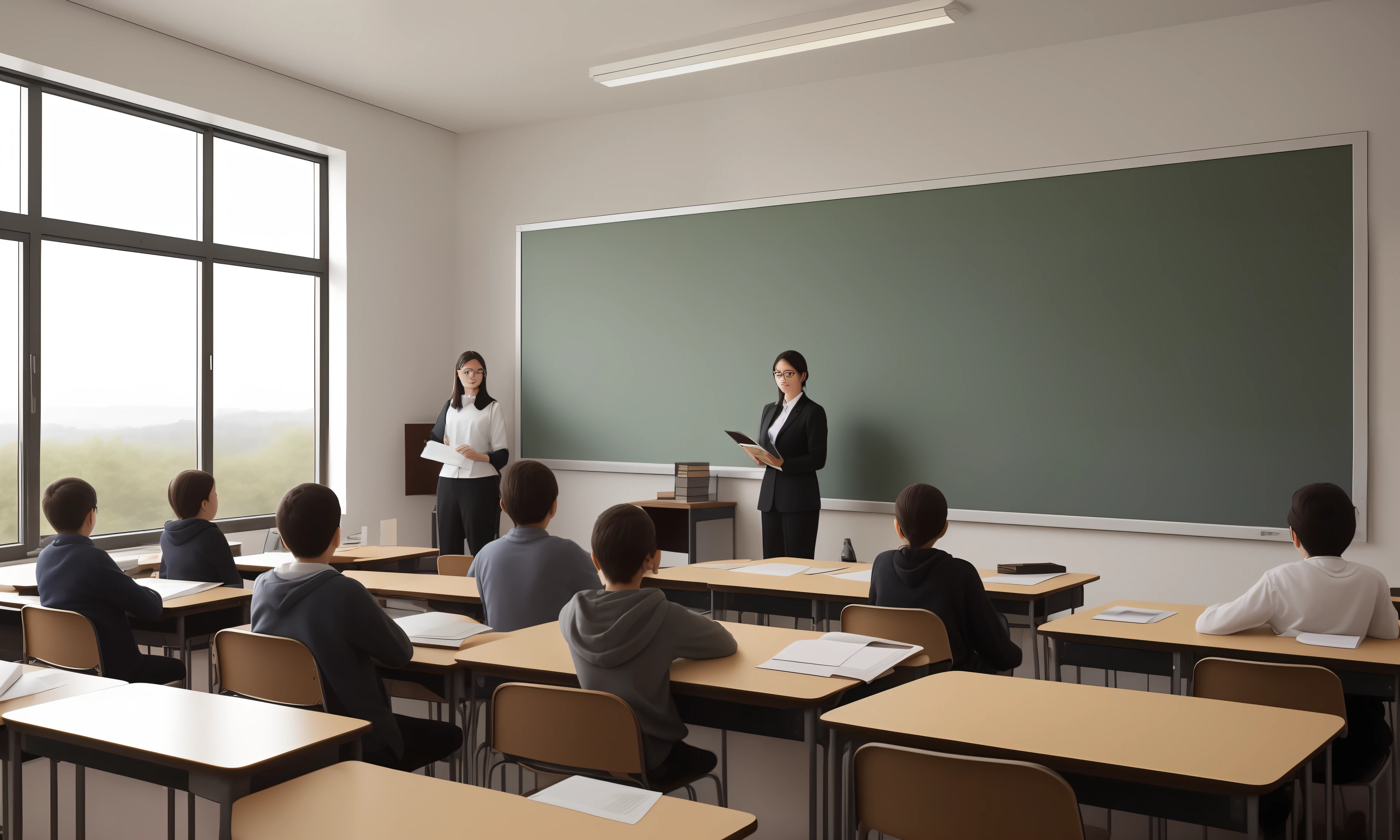 8K quality，Sunlight enters the room through the window，Students sit in chairs and listen to the lesson，In the classroom，The teacher stands on the podium，Hold a book and lecture