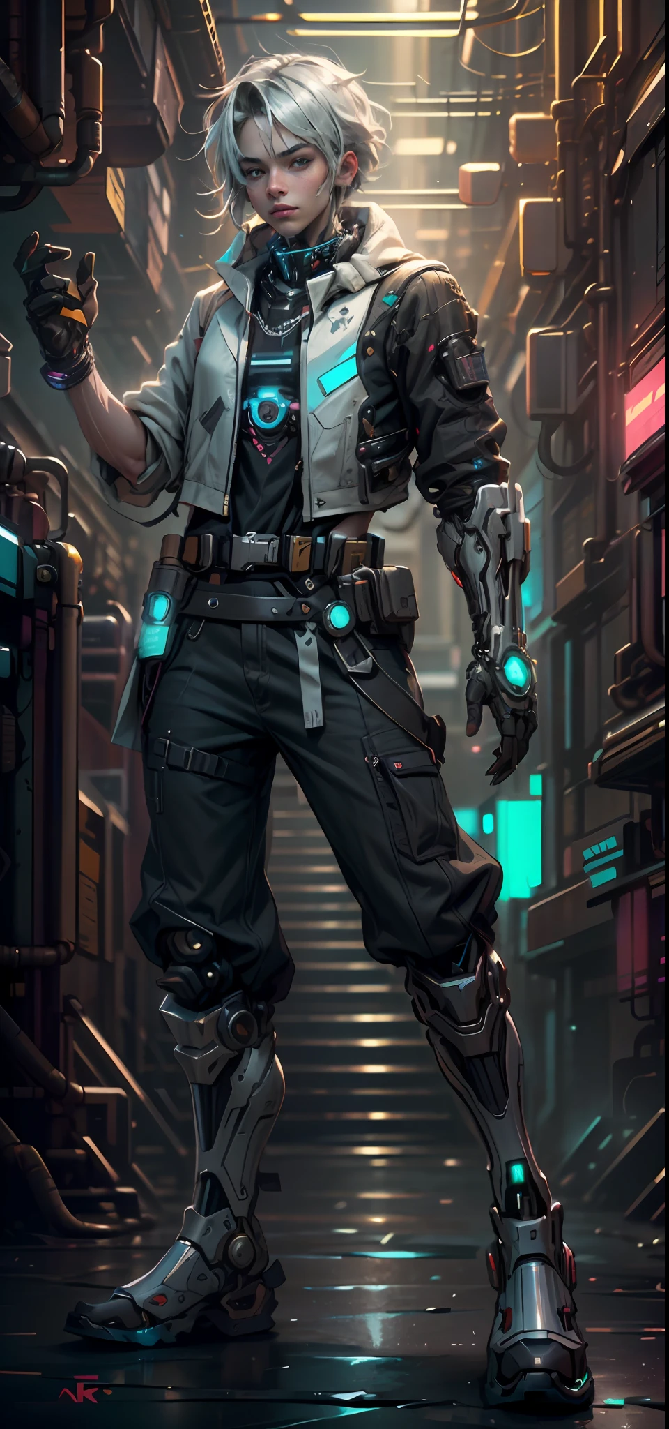 (absurderes, Intricate details, Masterpiece, Best quality, high resolution, 8K,realisticlying), 1 male, Young man,Handsome, finely detailed eyes and face, Silver short bob hair, short detailed hair, aquamarine Eyes, the night,cyberpunk backgrouns,a high-tech city,Portrait, view the viewer, Solo, Detailed background, Close up, Detailed face, (Cyberpunk theme:1.1), crystalline pattern, module, biomimicry, cybernetic implants, High-tech, Dynamic pose, Flashes of light, lasers, spark of light, Cinematic atmosphere, Depth of field, vfx.