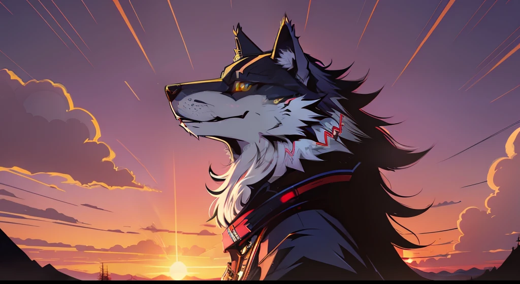 (nvinkpunk:1.2) (snthwve style:0.8) wolf, anthro, lightwave, sunset, intricate, highly detailed