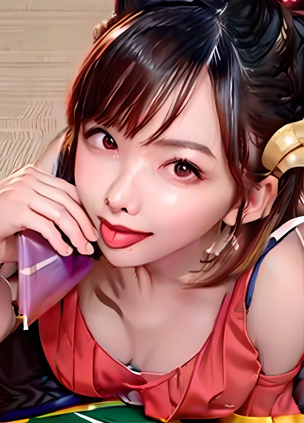 Japanese girl，Sit on your knees，Top angle of view，Head up，Stick out your tongue，Squint，The tongue is very long，k hd，tmasterpiece，meticuloso，Eat cones