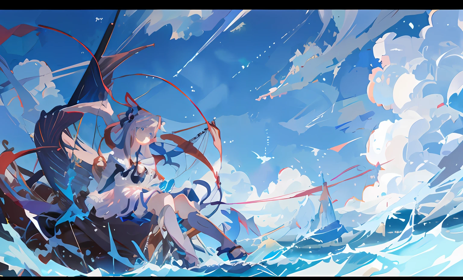 Anime girl sitting on a boat in the sea holding a kite, zerochan art, cushart kenz, Anime art wallpaper 8 K, cushart, style of anime4 K, wallpaper anime blue water, Anime girl walking on water, Anime art wallpaper 4k, Anime art wallpaper 4 K, from touhou, Digital art on Pixiv, cushart krentz