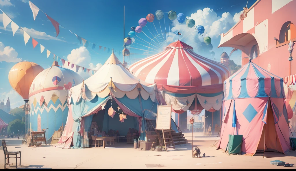 There are circus tents in the amusement park,Balloons and poker, zootopia concept art, Cartoon concept art, hiyao miyazaki,Stylized concept art, concept-art, professional concept art, Anime landscape concept art, painterly concept art, circus, painted as a game concept art, concept art scene, concept-art, concept-art, movie concept art, concept art illustration --auto