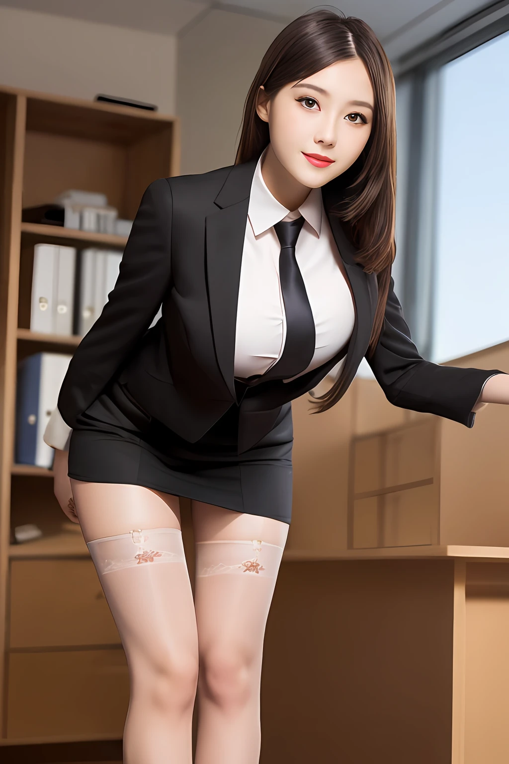 (Best quality: 1.1), (Realistic: 1.1), (Photography: 1.1), (highly details: 1.1), (1woman), office room，Professional suits，black short skirt，black lence stockings，bent down,mix4,