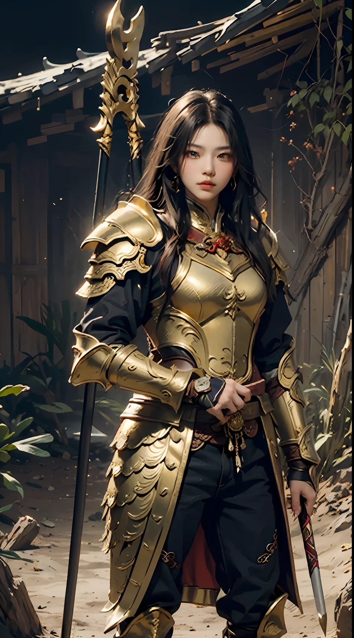 Maximum image quality 8K resolution ， Lü Bu was wearing gold armor，Holding Fang Tian's halberd ，  The mink is dressed in short dark gold armor  ，Hold a pair of golden hammers，The background is the desert，Warm color lighting ，