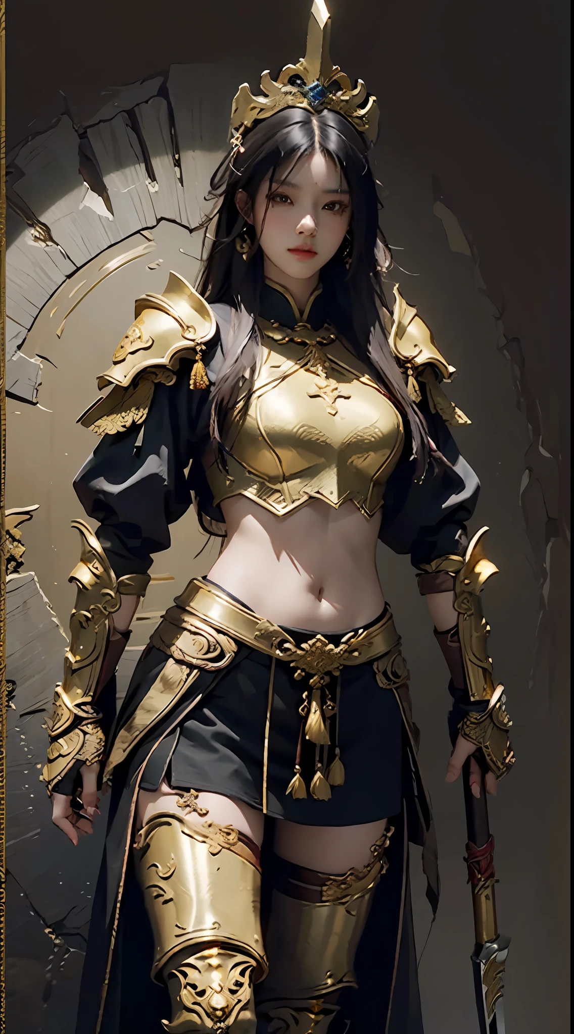 Maximum image quality 8K resolution ， Lü Bu was wearing gold armor，Holding Fang Tian's halberd ，  The mink is dressed in short dark gold armor  ，Hold a pair of golden hammers，The background is the desert，Warm color lighting ，