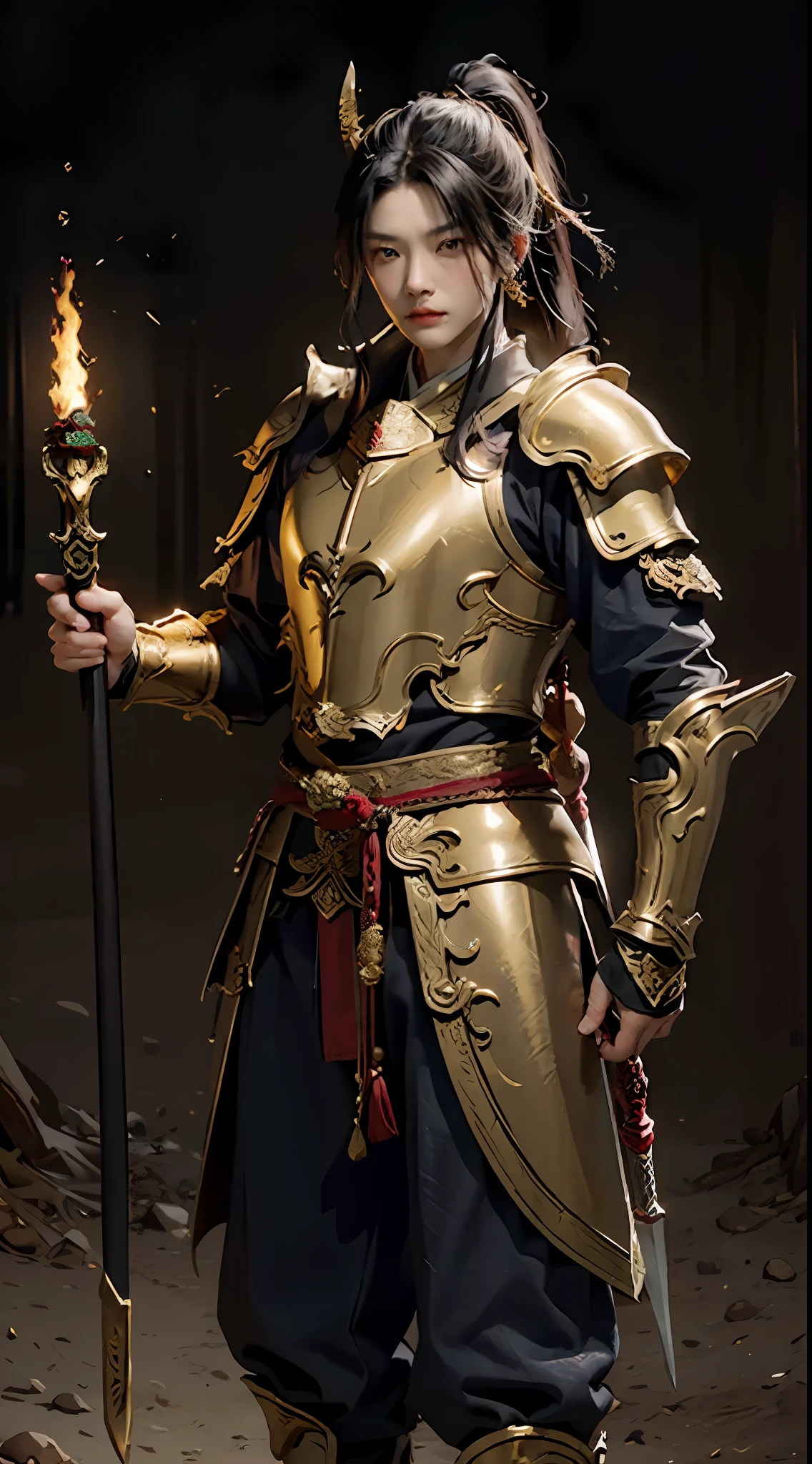Maximum image quality 8K resolution , Lü Bu was wearing gold armor,Holding Fang Tian's halberd , The mink is dressed in short dark gold armor ,Hold a pair of golden hammers,The background is the desert,Warm color lighting ,