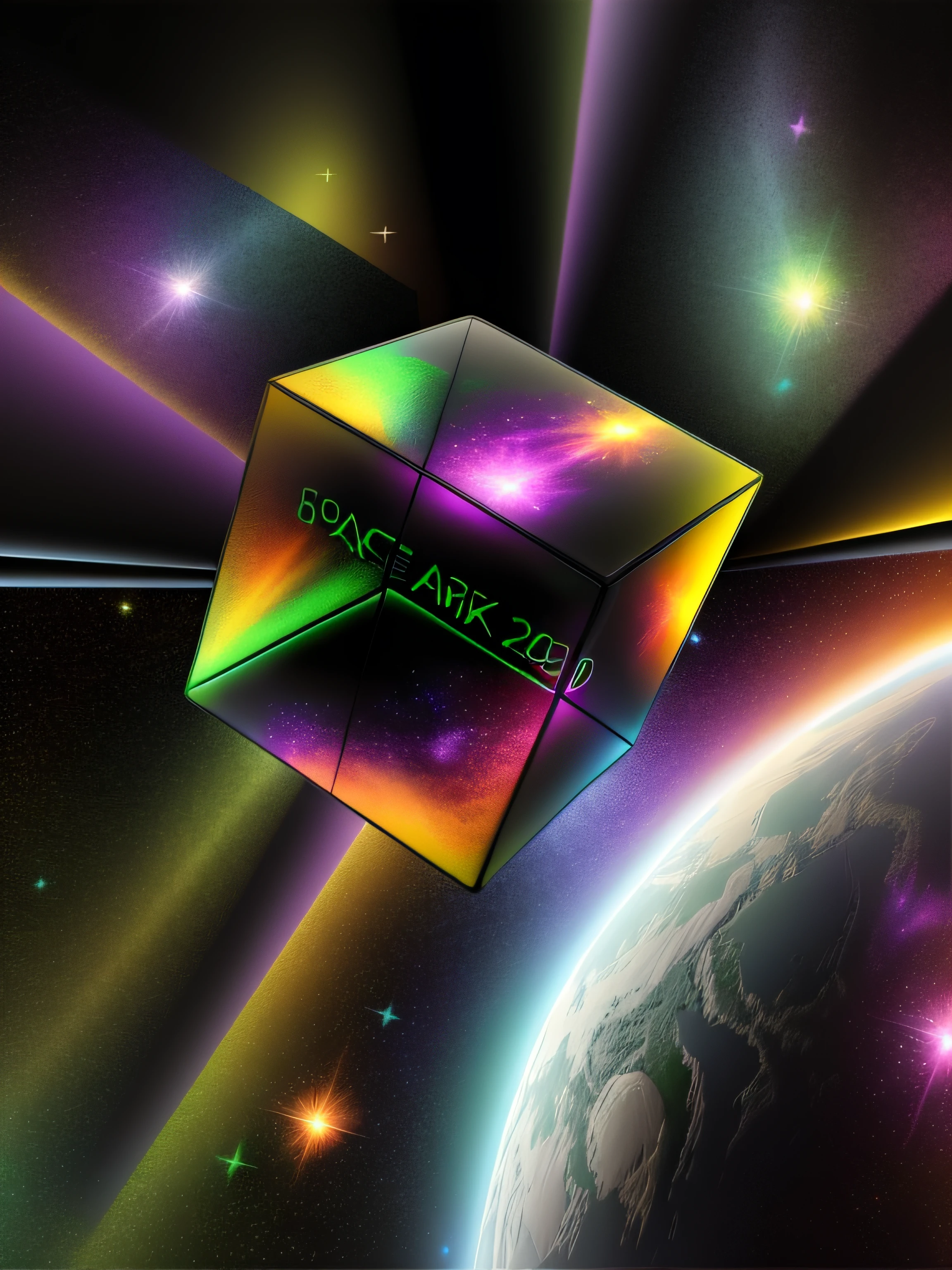 Black background, starry background, column matrix, acidic, metallic, psychedelic, cube, purple, green and yellow,holography space,