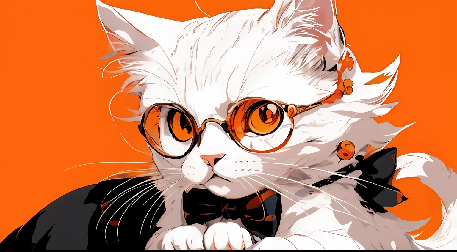1cat,There is a white cat with glasses and a bow tie,Maine,anime cat,The background is orange,numinous,Striking detailed art style,Artwork in anime style,Anime visuals of cute cats,Anime style 4 K,Guviz-style artwork,style of anime。8k,clean and meticulous anime art,cyberpunk cat,High Quality Anime Art Style,clean and meticulous anime style