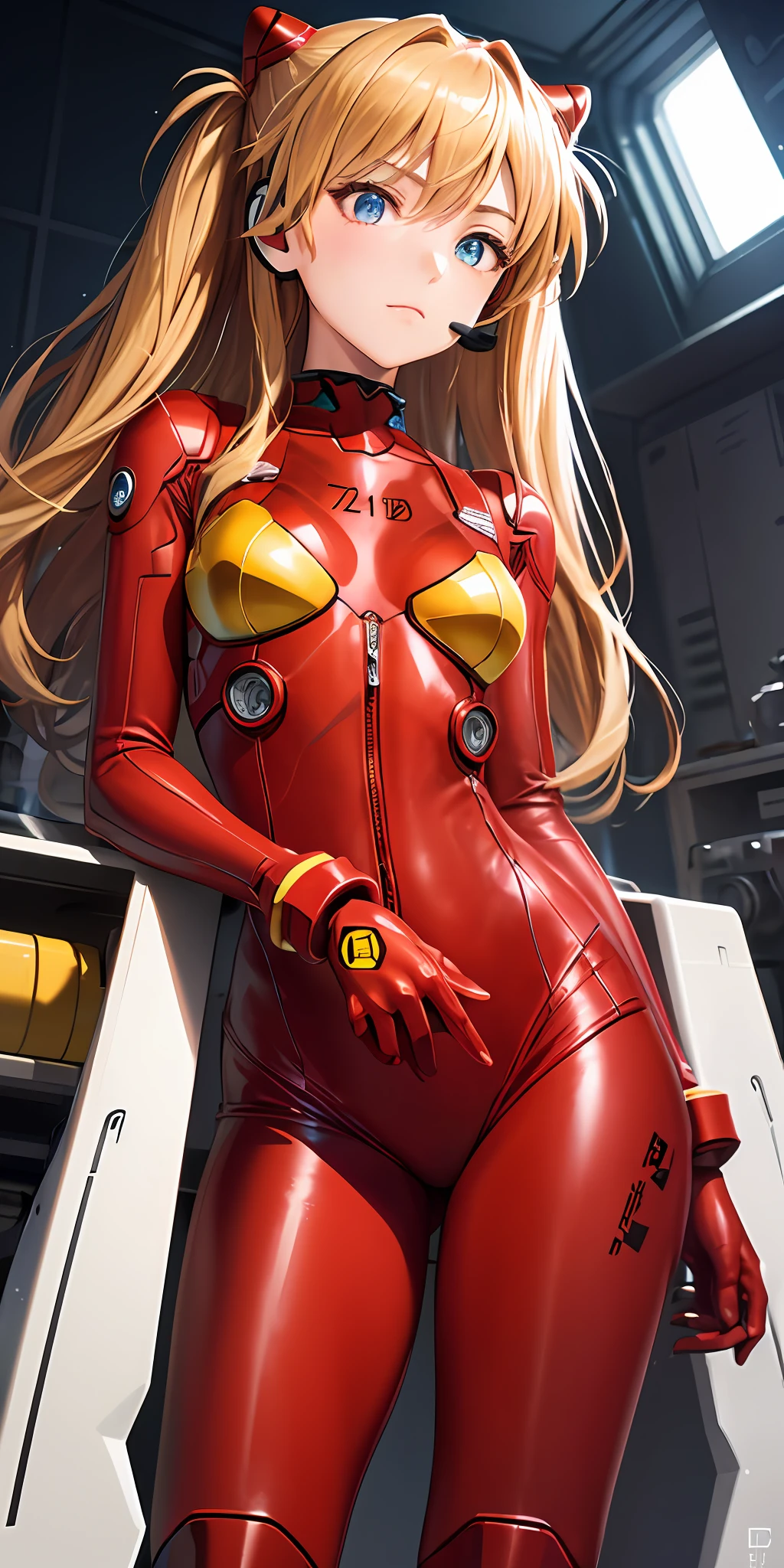 (Overhead view),dynamic angle,ultra-detailed, illustration, close-up, straight on, 1girl, 
 ((souryuu asuka langley, interface headset, red bodysuit:1.4, blonde)),Her eyes shone like dreamy stars,(glowing eyes:1.233),(beautiful and detailed eyes:1.1),(expressionless,closed mouth),(standing), 
(mechanic room with toolsand spaceship windowin a white SPACESHIP),
(night:1.2),dreamy, [[delicate fingers and hands:0.55]::0.85],(detail fingers),