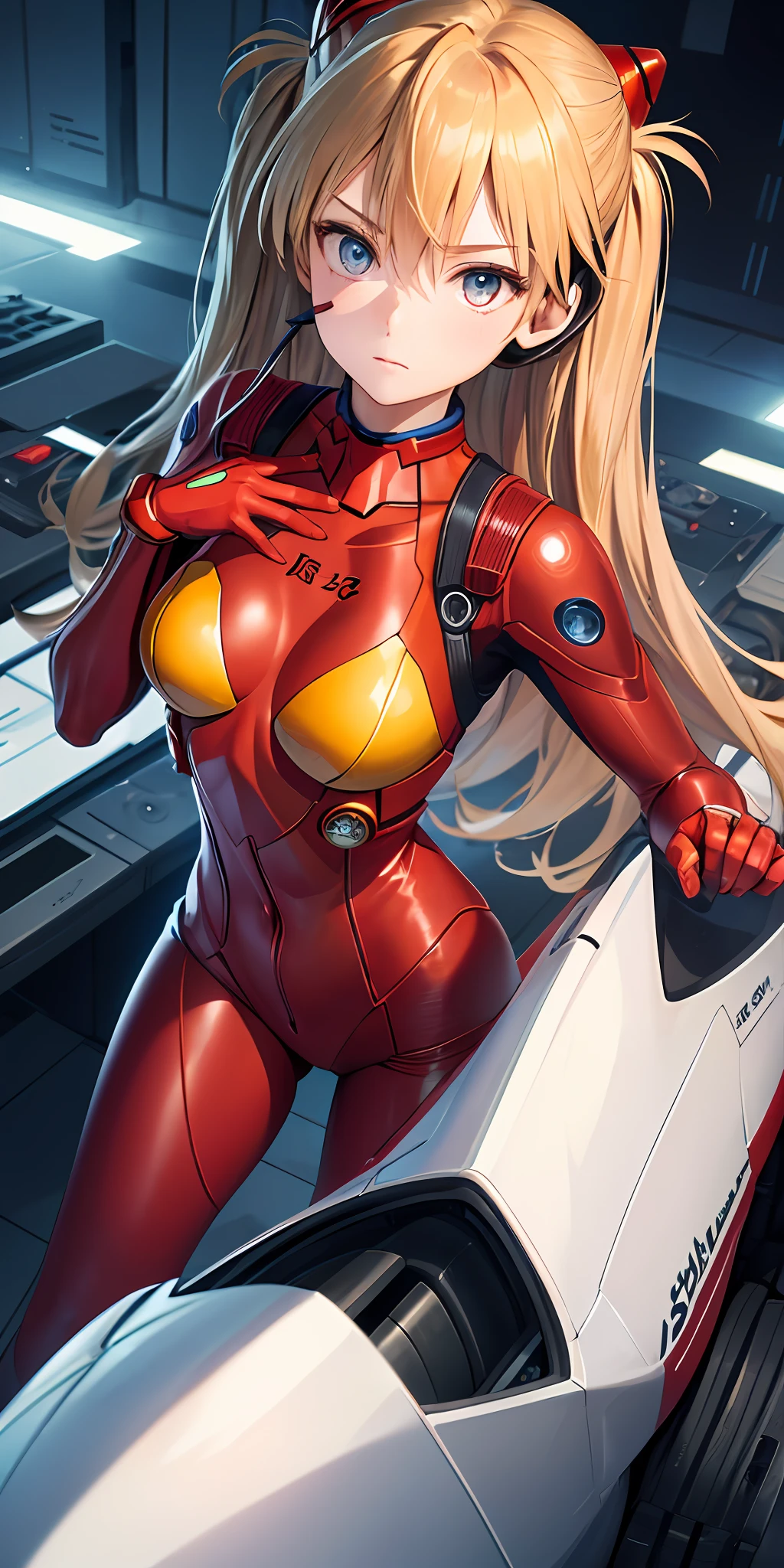 (Overhead view),dynamic angle,ultra-detailed, illustration, close-up, straight on, 1girl, 
 ((souryuu asuka langley, interface headset, red bodysuit:1.4, blonde)),Her eyes shone like dreamy stars,(glowing eyes:1.233),(beautiful and detailed eyes:1.1),(expressionless,closed mouth),(standing), 
(mechanic room with toolsand spaceship windowin a white SPACESHIP),
(night:1.2),dreamy, [[delicate fingers and hands:0.55]::0.85],(detail fingers),