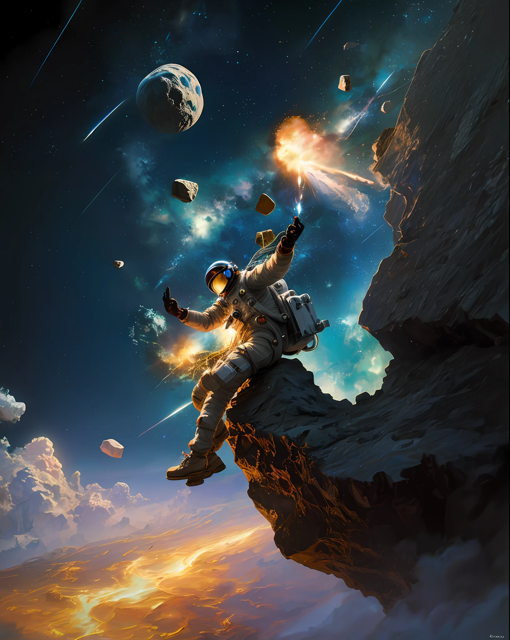 astronaut, climbing the asteroid, character render, ultra high quality model, ethereal background, abstract beauty, explosive volumetric, oil painting, heavy strokes, paint dripping