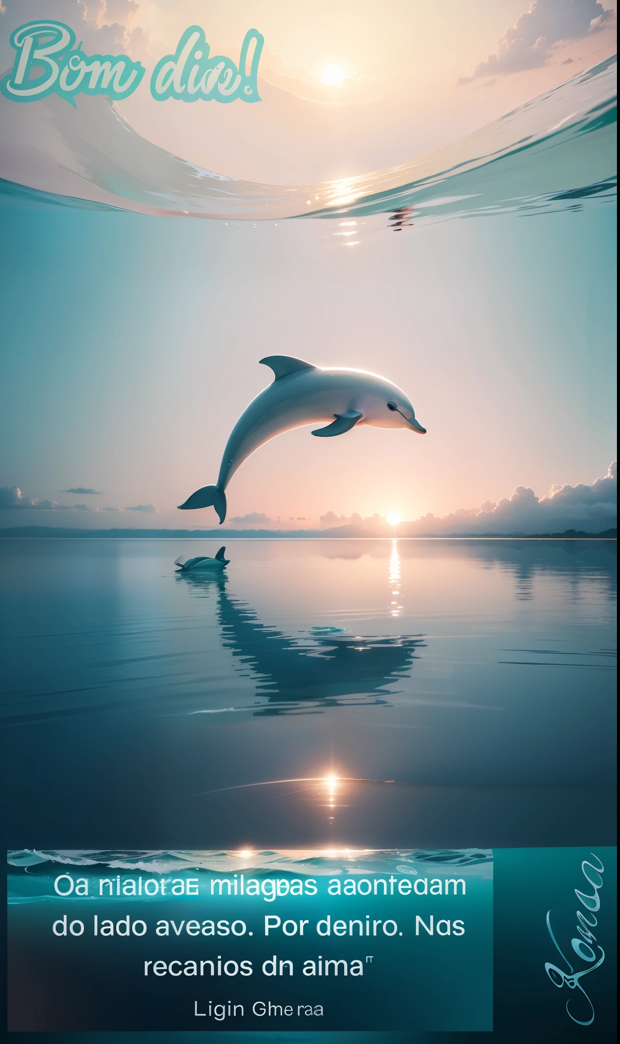 three dolphins rising very high out of the water and reflecting in the water, 4k --auto