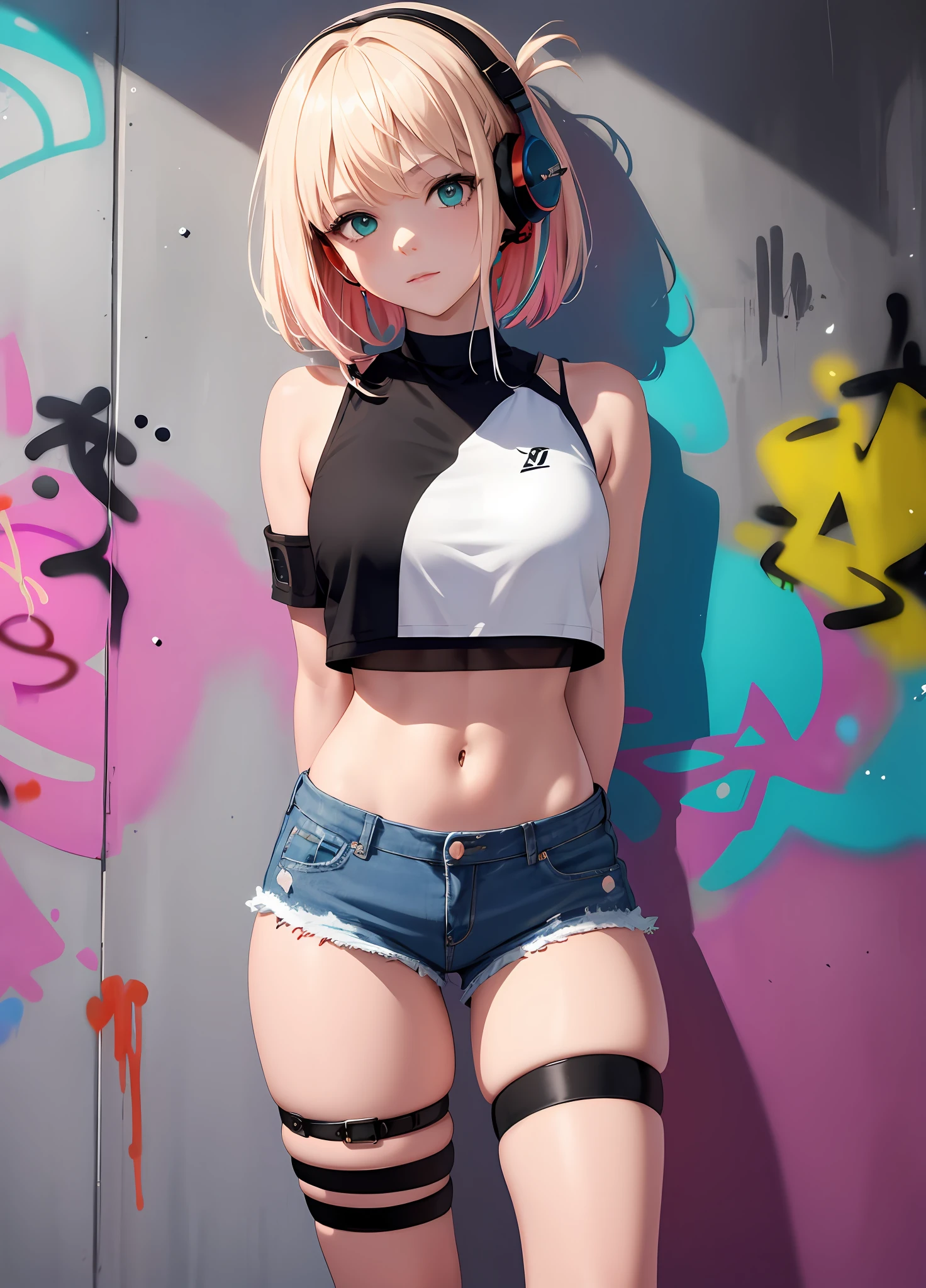 masterpiece, best quality, 1girl, solo, crop top, denim shorts, choker, (graffiti:1.5), paint splatter, arms behind back, against wall, looking at viewer, armband, thigh strap, paint on body, head tilt, bored, multicolored hair, aqua eyes, headset,