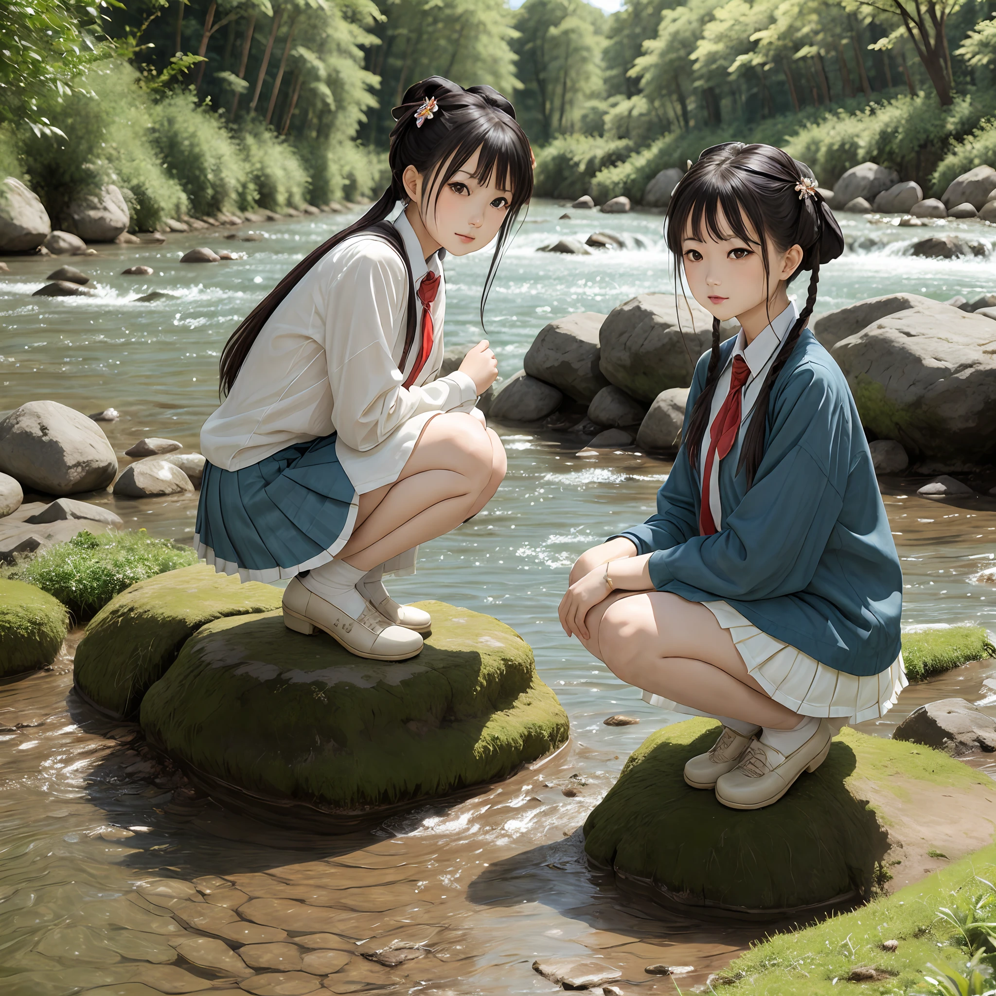 National style,water ink,schoolgirls,vivaciousness,One person squatted by the river --auto