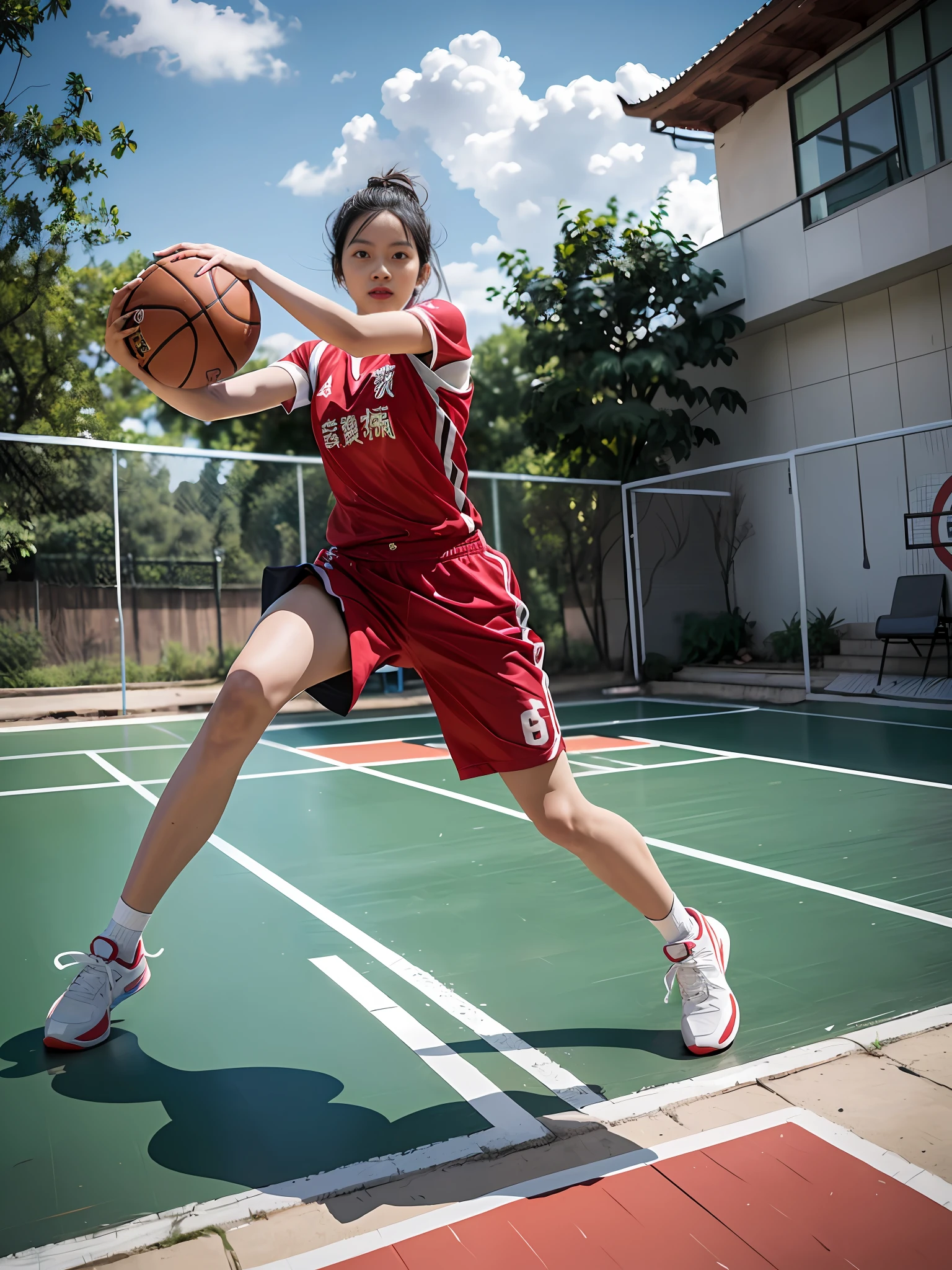 (8K, Best quality, Masterpiece: 1.2), (Realistic, Realistic: 1.37), Ultra detailed, Best quality, 超高分辨率, On the outdoor basketball court,Chinese woman playing basketball in white and red short-sleeved tracksuit, full bodyesbian,looks into camera,nice detailed sky