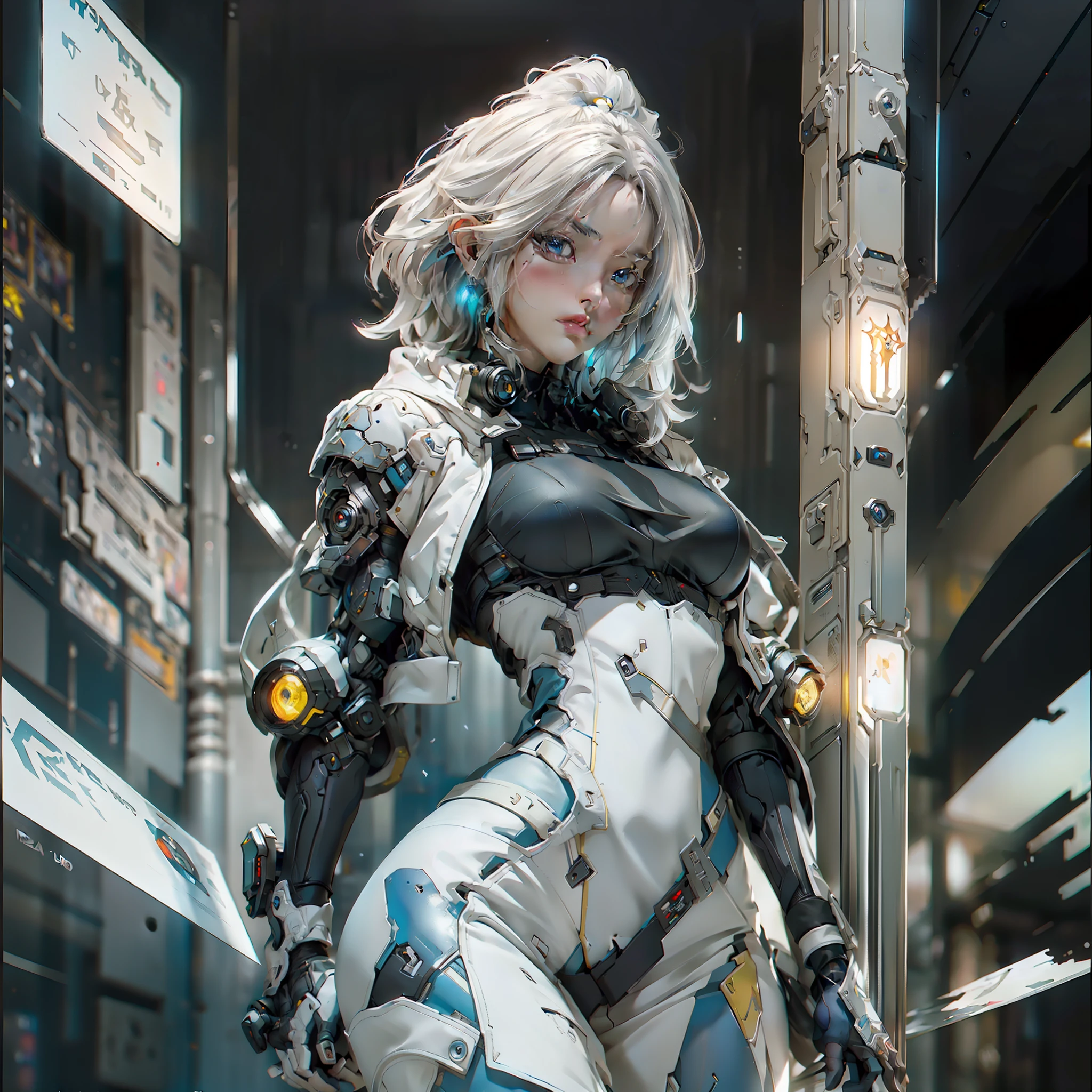 ((best qualtiy)), ((tmasterpiece)), (the detail:1.4), 3D, A beautiful cyberpunk female image,hdr（HighDynamicRange）,Ray traching,NVIDIA RTX,Hyper-Resolution,Unreal 5,Subsurface scattering、PBR Texture、post-proces、Anisotropy Filtering、depth of fields、maximum definition and sharpness、Many-Layer Textures、Albedo e mapas Speculares、Surface coloring、Accurate simulation of light-material interactions、perfectly proportions、rendering by octane、Two-colored light、largeaperture、Low ISO、White balance、the rule of thirds、8K raw data，Black military uniform，White and blue gradient hair，Golden pain，Glowing eyes