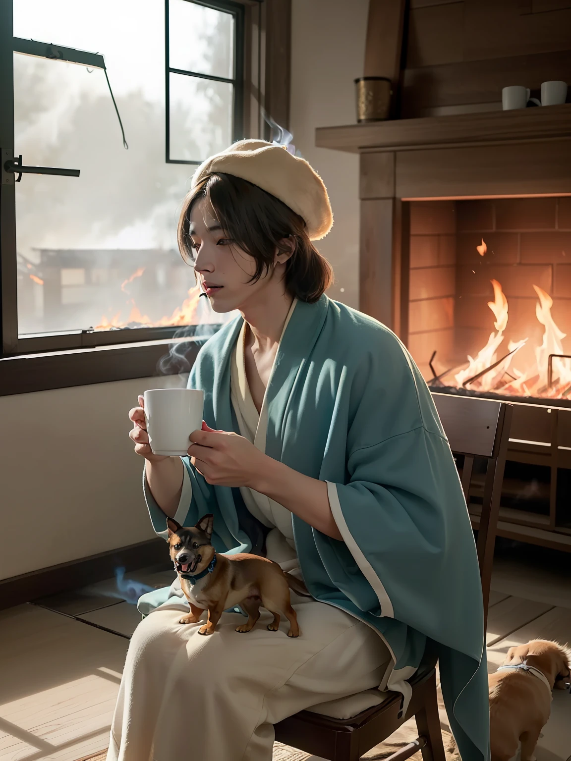 (best quality:1.23), (masterpiece:1.12), (realistic:1.24), (anthropomorphic dog:1.5) holding a coffee cup, sitting, in a robe, eating breakfast and holding a coffee cup, hat, particles, volumetric lighting, room burn down, ground and chair on fire, lots of gadgets and equipment on fire, smoke, (flames all around:1.2),