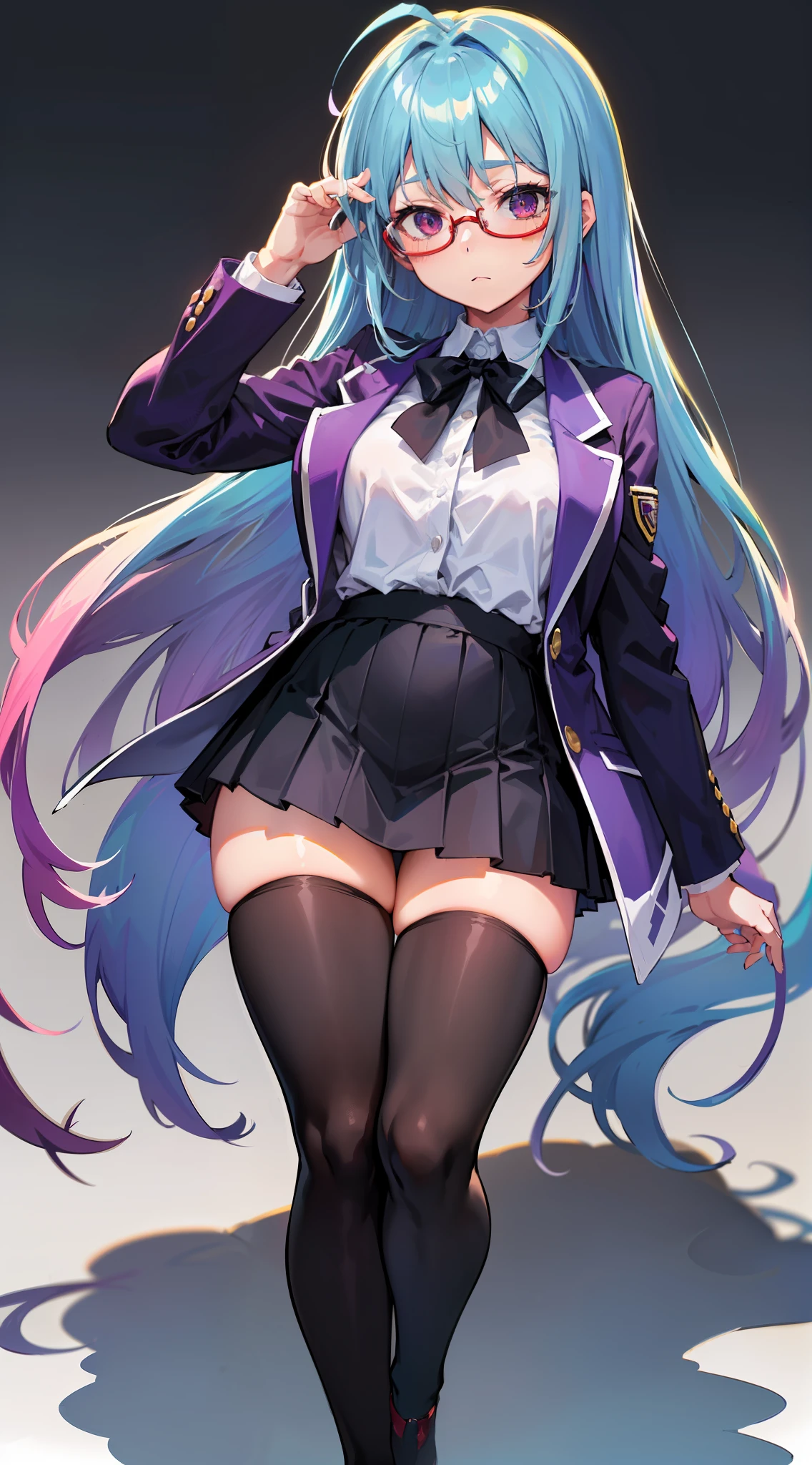 (teens girl,人物,校服,Gradient Long Hair+lightblue hair+Purple hair ends+Red Half-rimmed Glasses+Purple eye:1.2,Blazer+White color blouse,Skirt that wraps hips,black pantyhoses, Expressions are confident and static)