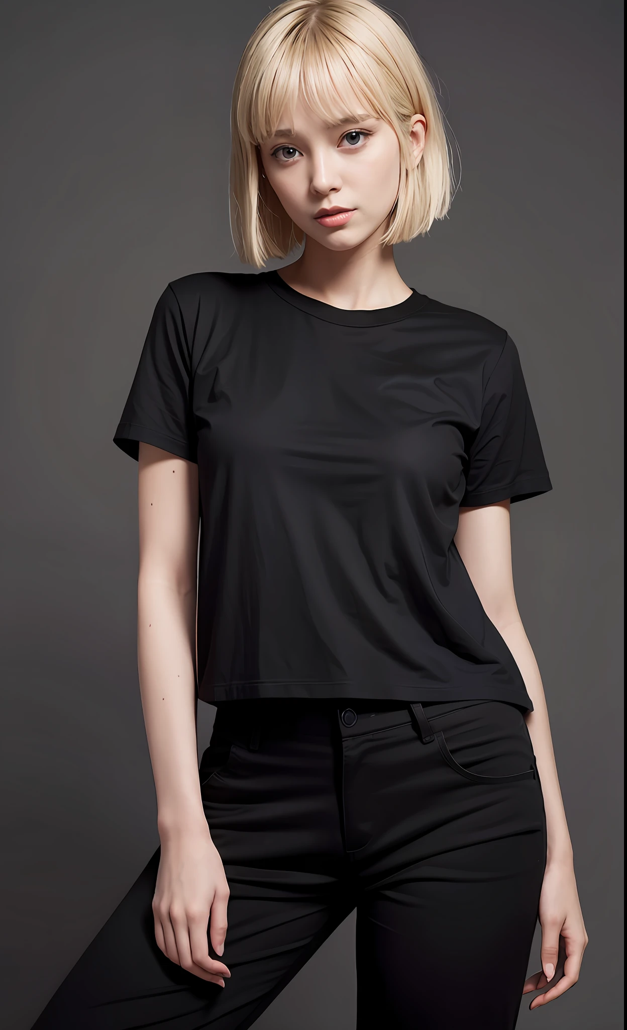 Blonde woman in black top and trousers posing for a photo, in a black tee shirt, in a black tee shirt, in a black tee shirt, in a black shirt, black undershirt, Black T-shirt, black tshirt, black tshirt, Black Top, casual black clothes, black tshirt. high key, Wearing in black clothes, Black jersey, in black clothes