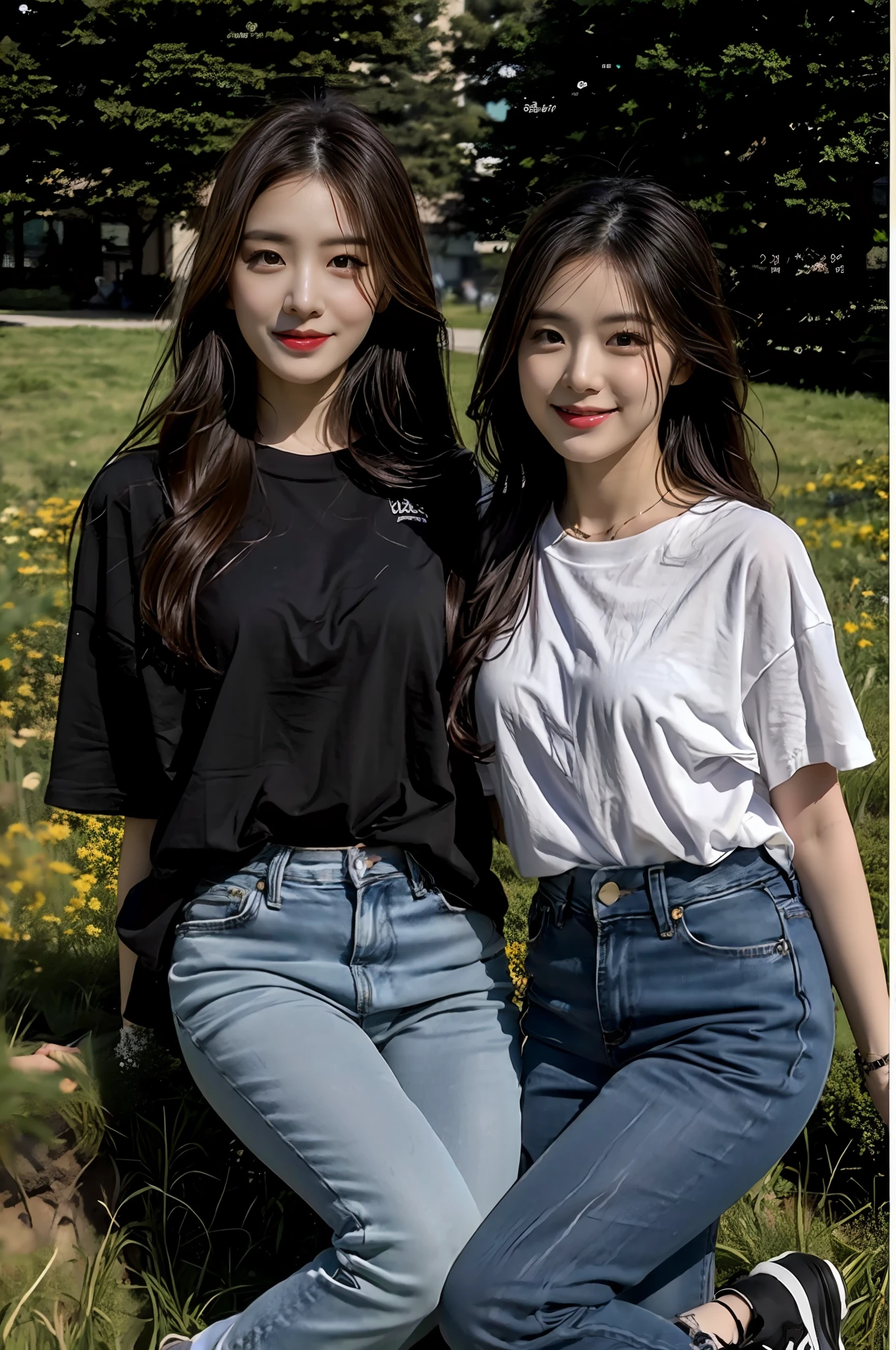 （best qualtiy：1.4），Complicated details，20 years old Korean girl，Wear a loose black T-shirt and skinny jeans，Stand on the grass and take pictures，Detailed meadow，A sweet smile，Ultra-realistic facial details，Coquettish pose，Slender calves:1.2，Wear colorful canvas shoes:1.0，fully body photo:1.5
