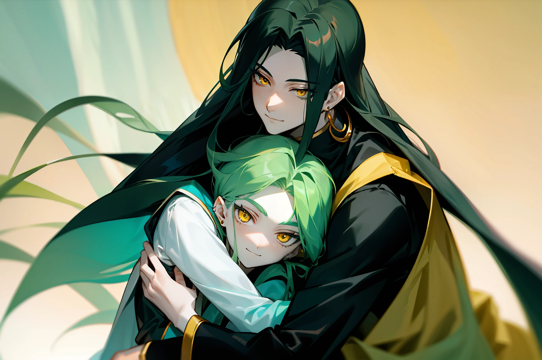2boy, long hair, open forehead, dark green hair, long straight hair, yellow eyes, earrings,, thin body, pale skin,, yaoi boy, after, languid look, slight smile, cosmetics, long eyelashes, adults, head tilt, in full growth, hug