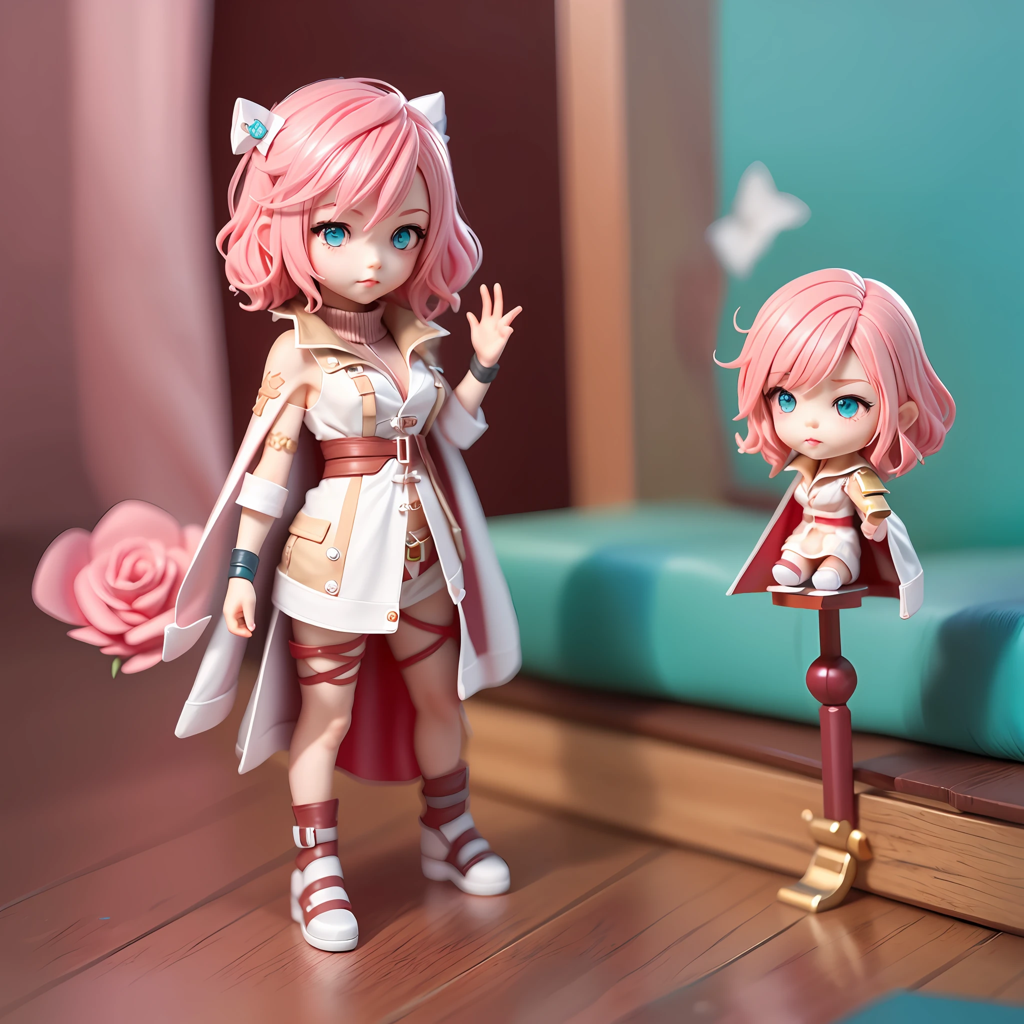 blind box toy style, Chibi, Full body, Foot Stand, Writing Final Fantasy, Medium short hair, Wavy rose-pink hair, Bright aqua eyes, White shirt, red cape, Standing