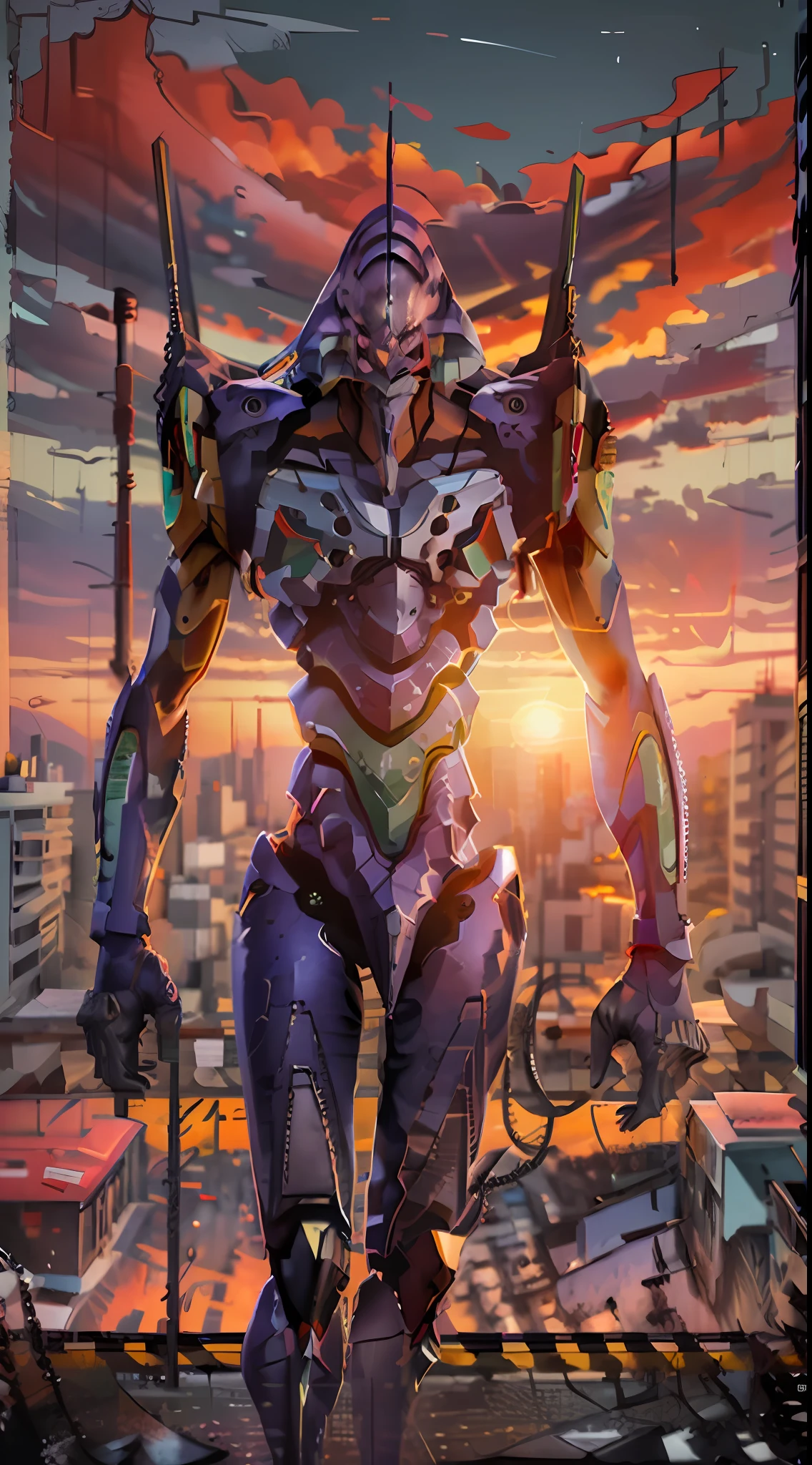 eva01,Stand up,looking at viewert,Sunset background,urban backdrop,depth of fields,oil painted,8K,最好质量