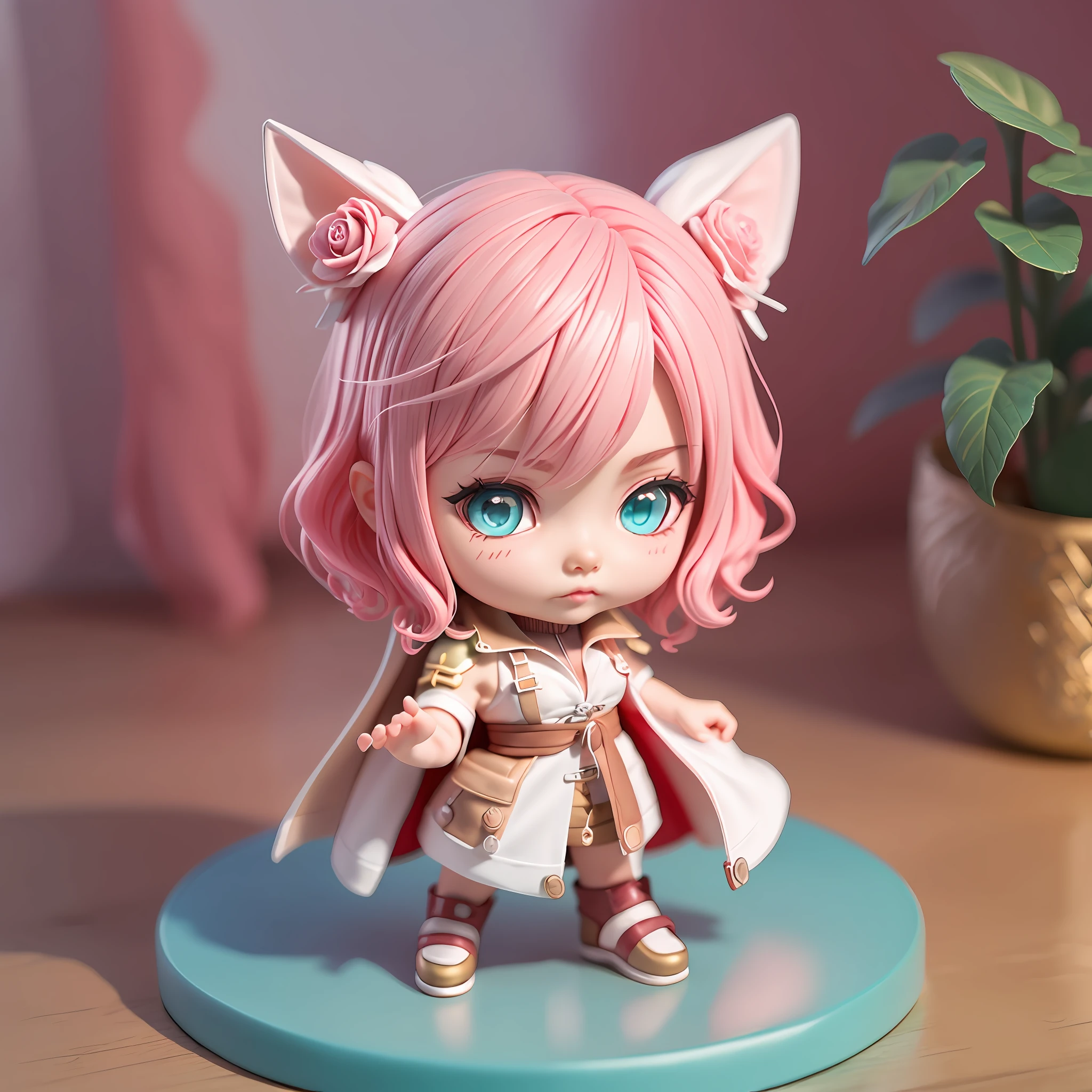 blind box toy style, Chibi, Full body, Foot Stand, Writing Final Fantasy, Medium short hair, Wavy rose-pink hair, Bright aqua eyes, White shirt, red cape, Standing