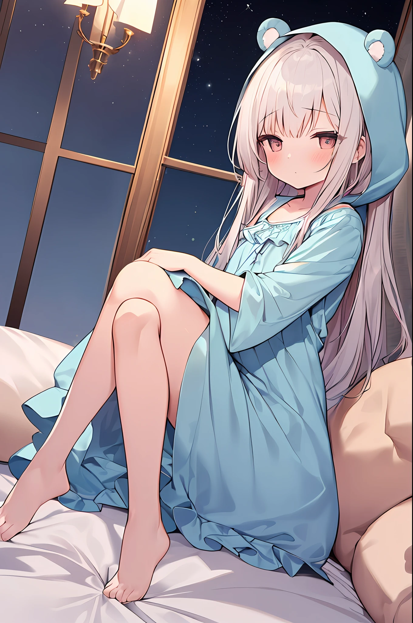 (NSFW:0.9),(little girl:1.4), solo, full body, sitting, dynamic angle, white hair, flat chest, frilled, 3yo, brown hair, long hair, night, starry sky, dark, sleepy, want to sleep, animal ears hood, holding teddy bear, covered breasts,shy, blush,A young girl in pajamas holding a large stuffed animal, with a shy expression on her face, in a bedroom setting, The composition should exude a blend of sensuality and innocence, The background should be visually captivating,