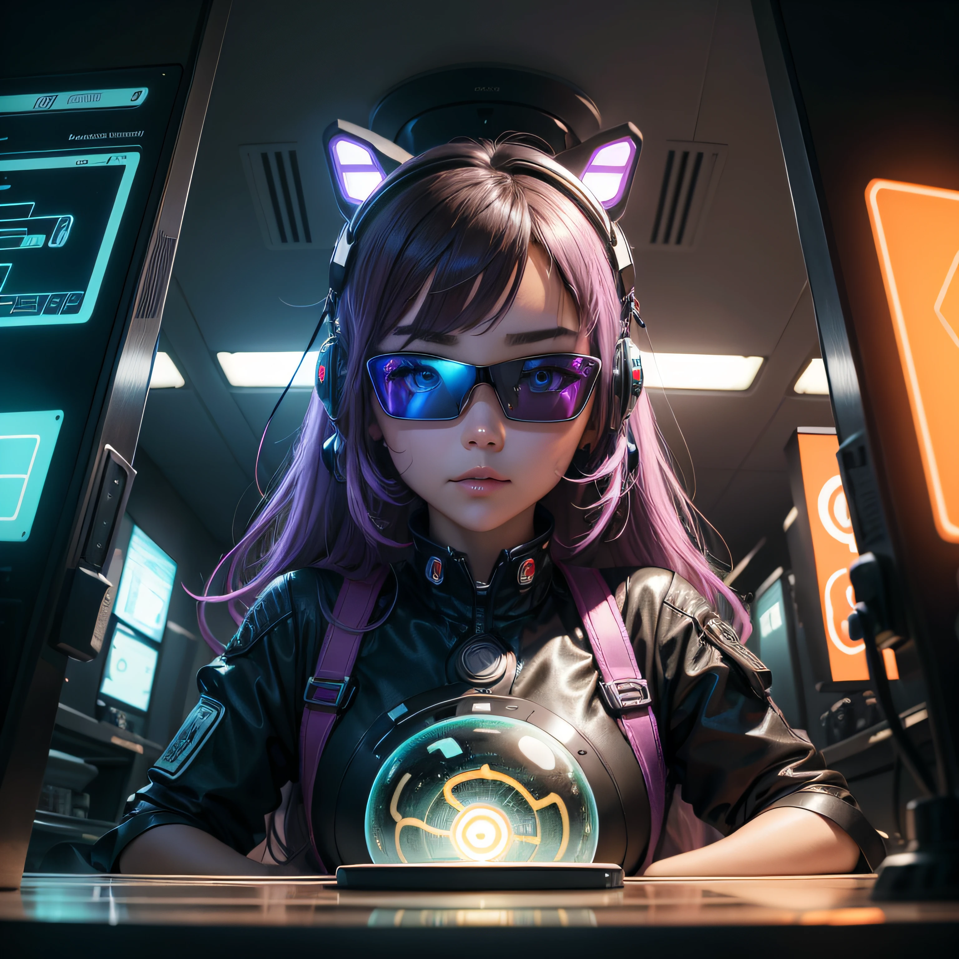 （（tmasterpiece））， （（ultra - detailed））， （（best qualtiy））， 美丽细致的眼睛， Detailed face， The best lighting， The best shades， 1 rapariga，独奏， （（cyber punk style， edge lit， machine arm，Hologram aura，Surreal Science Fiction Art，Future Science Fiction Aesthetics，Flat 2D style））， （（The main colors are purple and green））， Huge light bulb， （Girl inside the screen：1.5），Mobile Paradise，Orange bulb，A world made up of mobile phones，Gamepad，VR glasses，Virtual screen， freckle， Cold nose， （（（Buble）））， illustration，japanese inspired， （highly  detailed）， Whirlpool effect， --auto