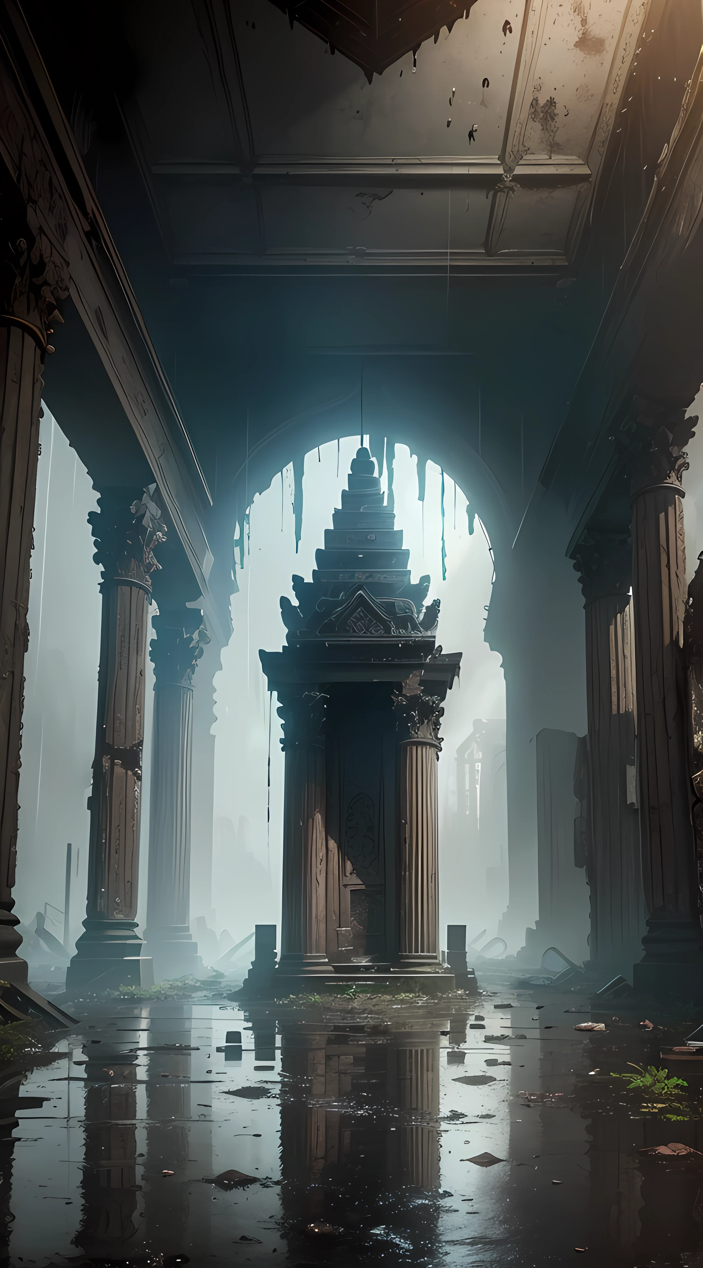(Best quality, Masterpiece),( Dark sky, heavy rain, Inside an abandoned temple, Low water level stagnant water, ), Realistic background, 2112, Light*_black_Particle,