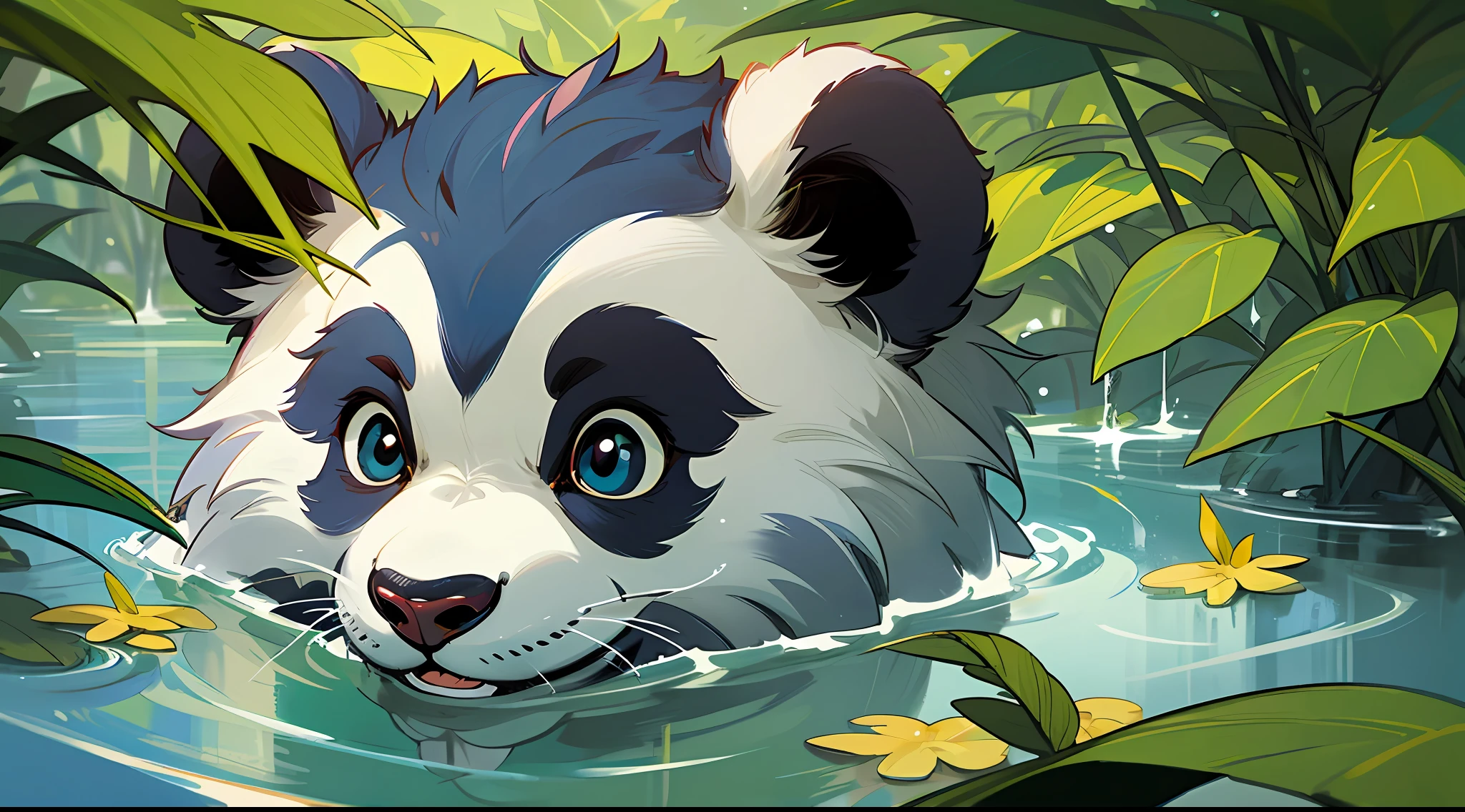 1 cute panda, face closeup, portrait, furry, leaves, no man, water, blisters, bubbles, more details, rich colors, cute smile, best quality, 8K, high saturation
