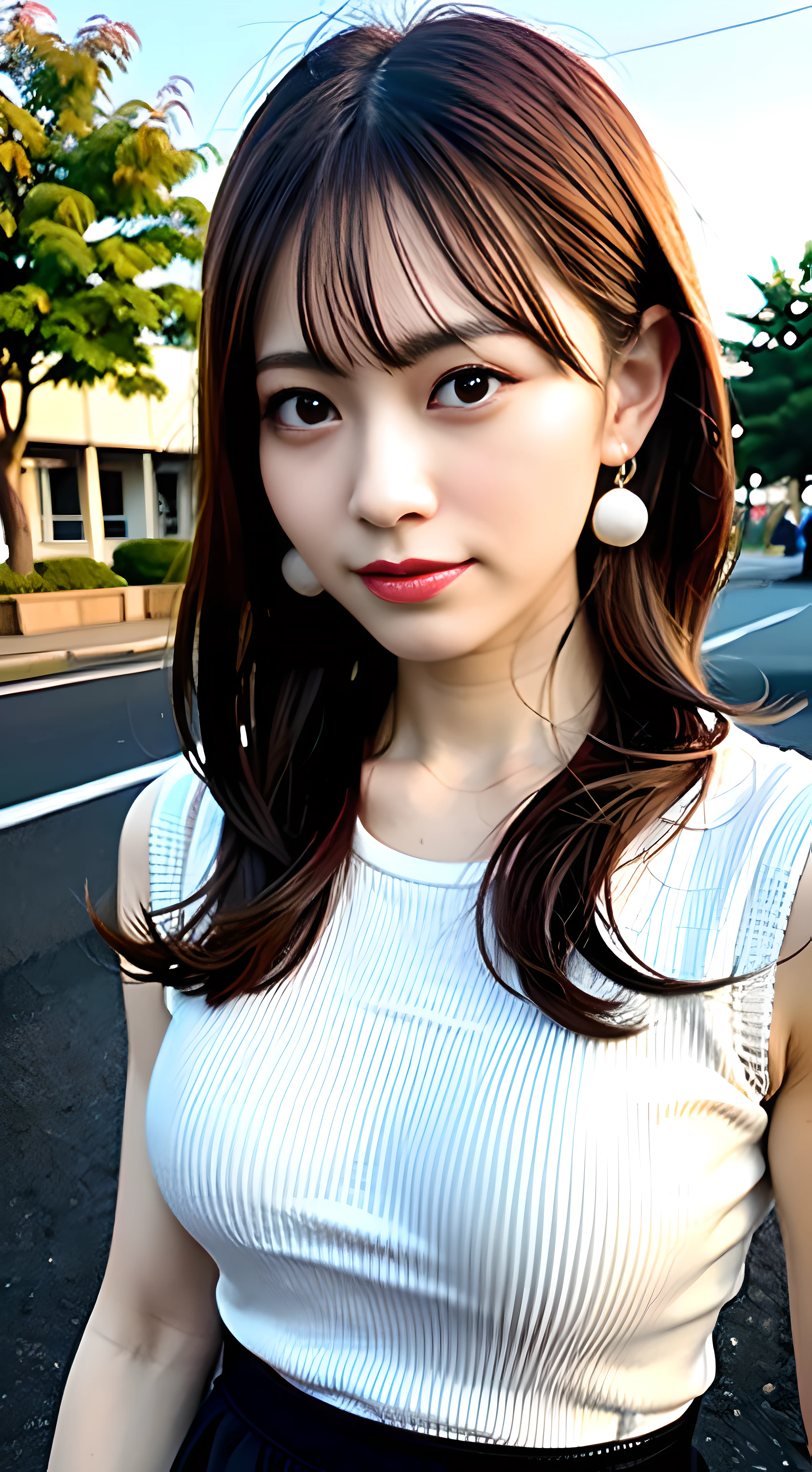 (Masterpiece, Top Quality: 1.7), (Ultra Detailed: 8k CG: 0.4), (Ultra Realistic: 1.35), (Photorealistic: 1.65), (Realistic: 1.5), Posing, Standing, Beautiful Japan Woman, 25 Years Old, Supermodel, Gorgeous, Japan Idol, (Curved Breasts), {Park in Background}, Reflected Light, (Ultra Ultra Mini Skirt: 1.5), Long Hair, (Detailed Face, Detailed Eyes) , wavy hair, long legs, constricted waist, delicate skin, full body, fluffy suit, one hand brushing up hair, frontal shot, earrings, necklace, high heels