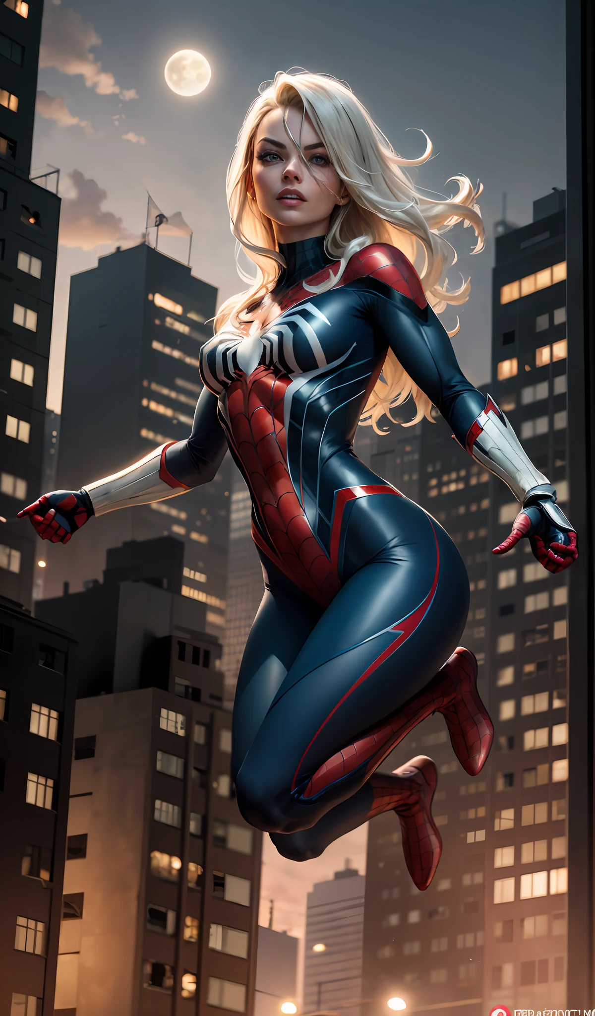 Margot Robbie (Masterpiece, 4k resolution, ultra-realistic, very detailed), (White superhero theme, charismatic, there's a girl at the top of town, wearing Spider-Man costume, she's a superhero), [ (25 years), (long white hair:1.2), full body, (blue eyes:1.2), ((Spider-Man pose),show of strength, jumping from one building to another), ((sandy urban environment):0.8)| (cityscape, at night, dynamic lights), (full moon))] # Explanation: The Prompt mainly describes a 4K painting of ultra-high definition, very realistic, very detailed. It shows a superheroine at the top of the city, wearing a Spider-Man costume. The theme in the painting is a white superhero theme, the female protagonist has long white hair, is 25 years old and her entire body is shown in the painting. In terms of portraying the actions of superheroines, spiders are employed