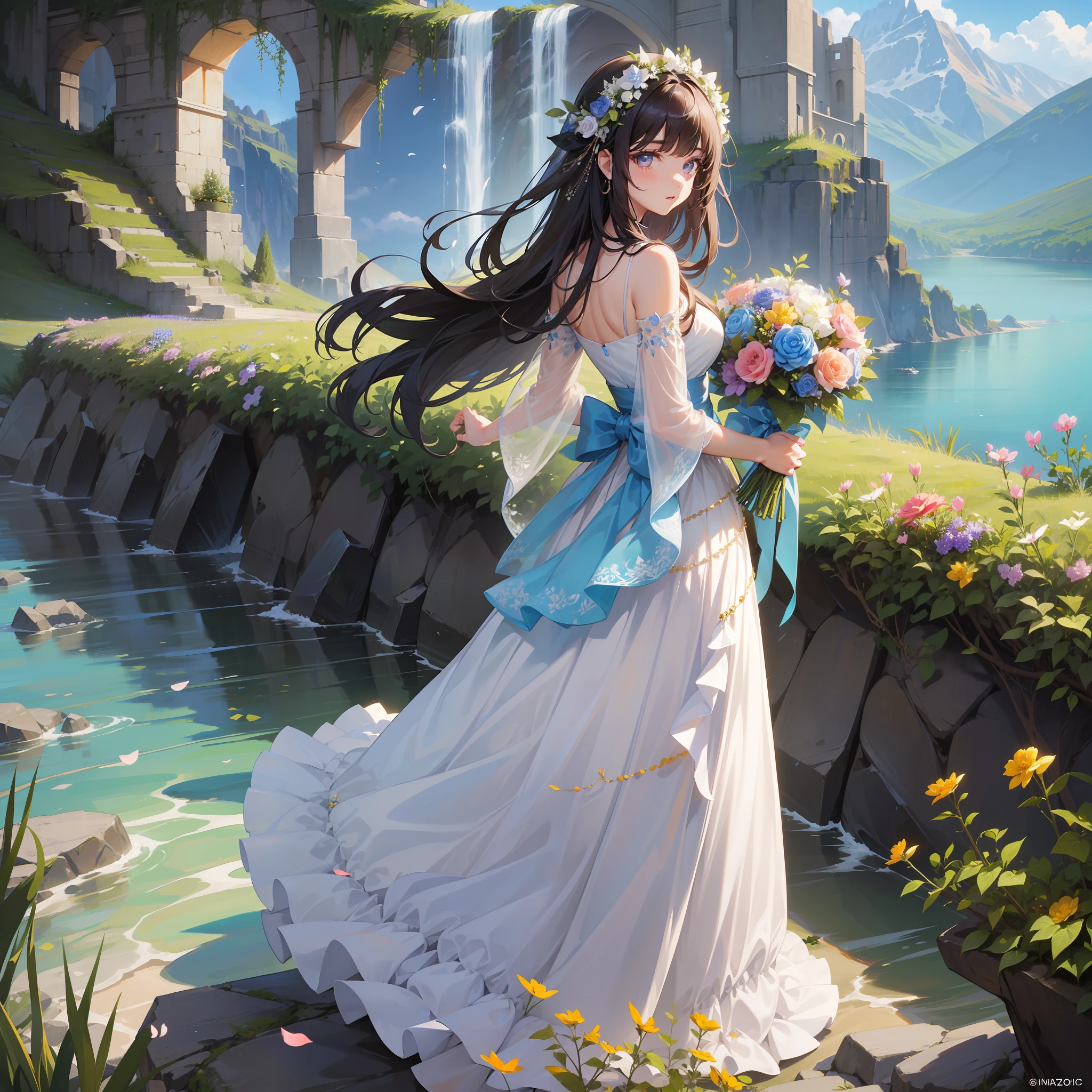 A fair-skinned girl who looks pure，Gorgeous long dress adorned with precious stones，standing on cliff，Look back at the camera，He held a bouquet of miscellaneous flowers in his hand