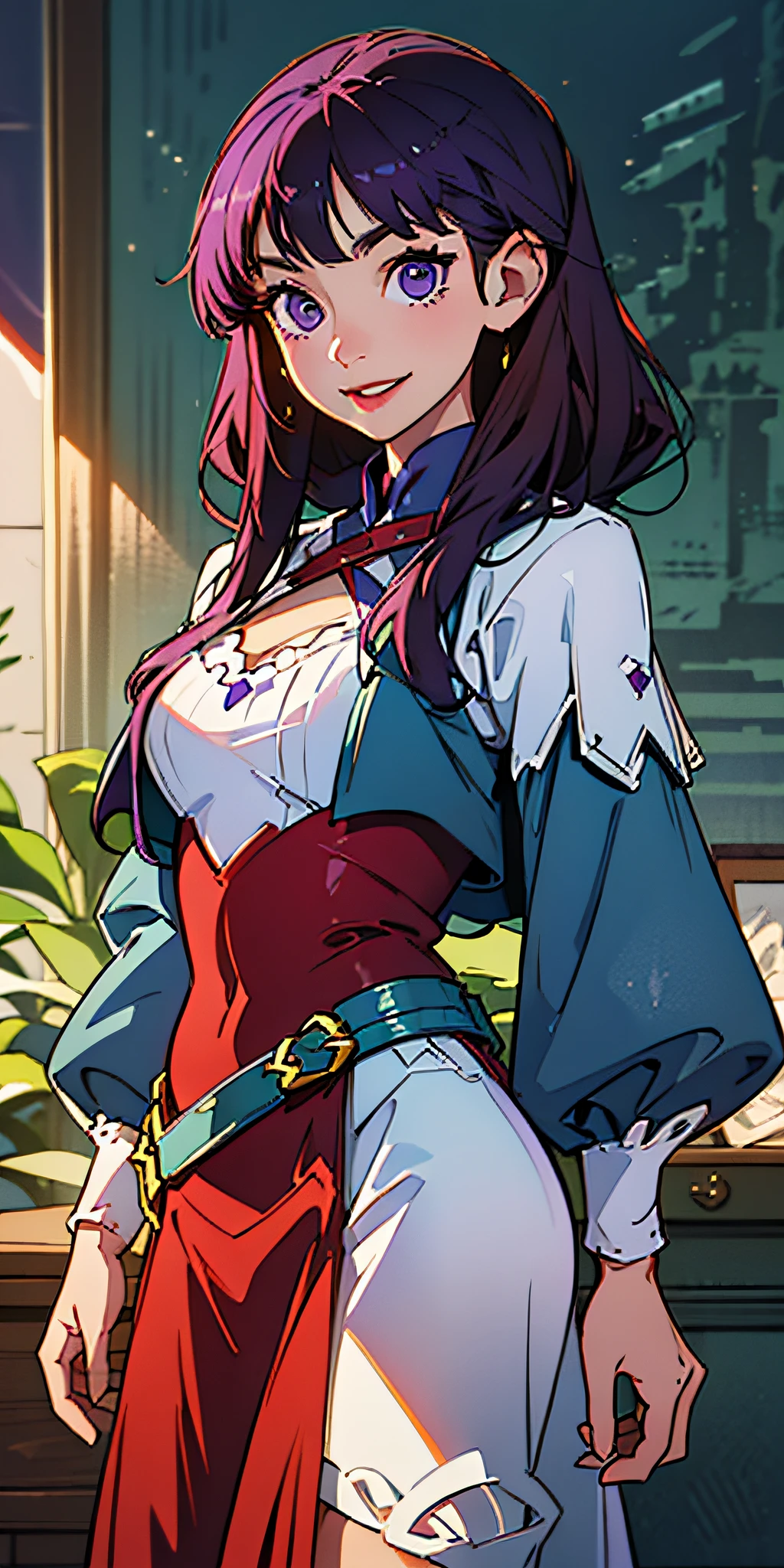 (best quality, masterpiece), 1girl, smile, long purple hair, purple eyes, bangs, cute, magician, red clothing, high fantasy