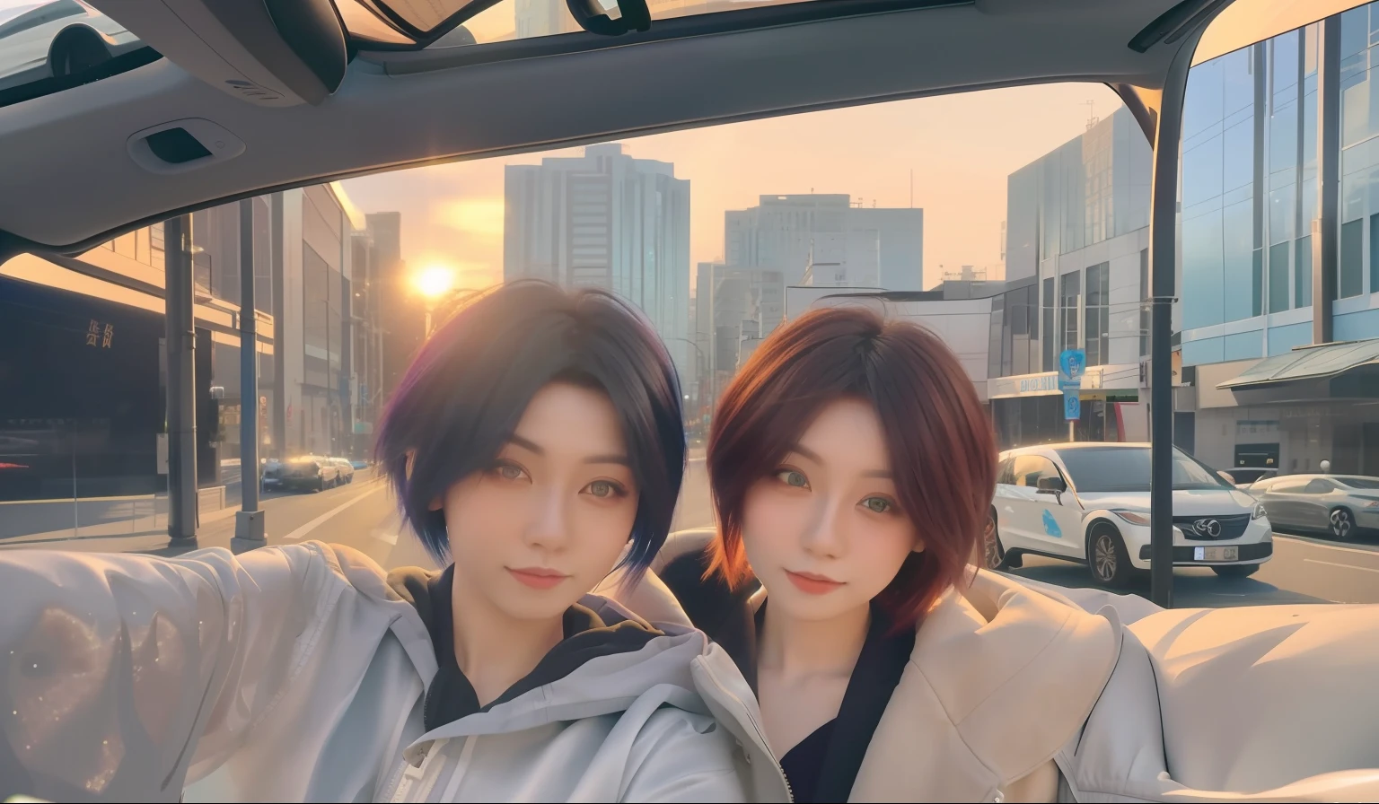 Two beautiful girls take a selfie inside a car on a city street，short detailed hair，，The hair color is the same as the Urzan color，High-quality 8K clear picture，Reveals a beautiful face and flawless skin，The picture is full of light and shadow，Mysterious and futuristic。