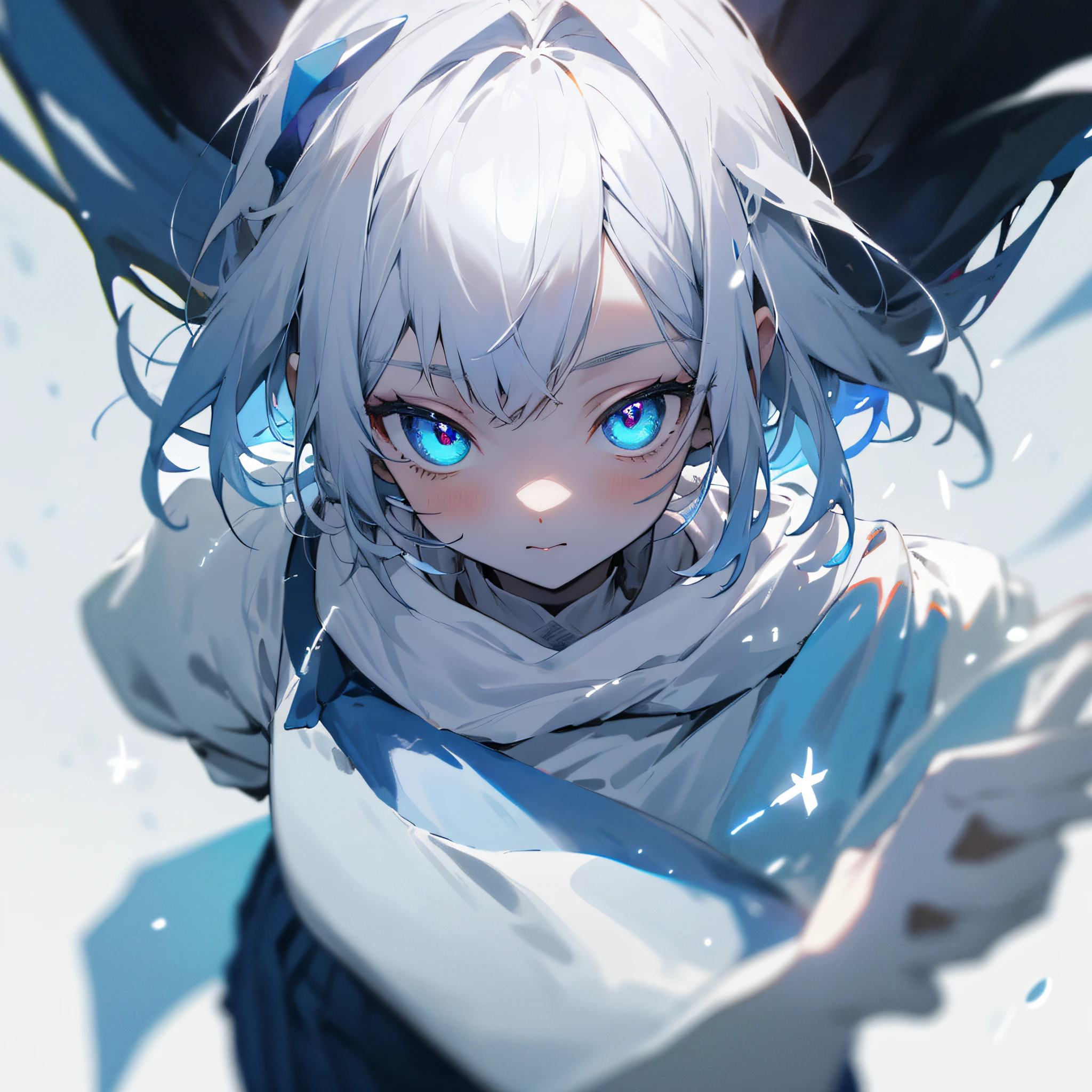 Best quality mode,The picture is fine,Beautiful age girl,White is the main color,Blue is the sub-hue,whaite hair,Blue pupil,Blue Tops,Blue moire skirt,Snow-white skin,half-body portrait,Extreme refinement