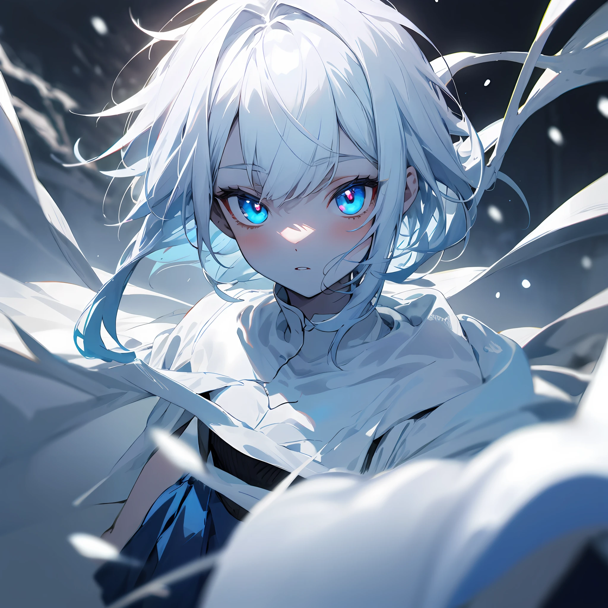 Best quality mode,The picture is fine,Beautiful age girl,White is the main color,Blue is the sub-hue,whaite hair,Blue pupil,Blue Tops,Blue moire skirt,Snow-white skin,half-body portrait,Extreme refinement