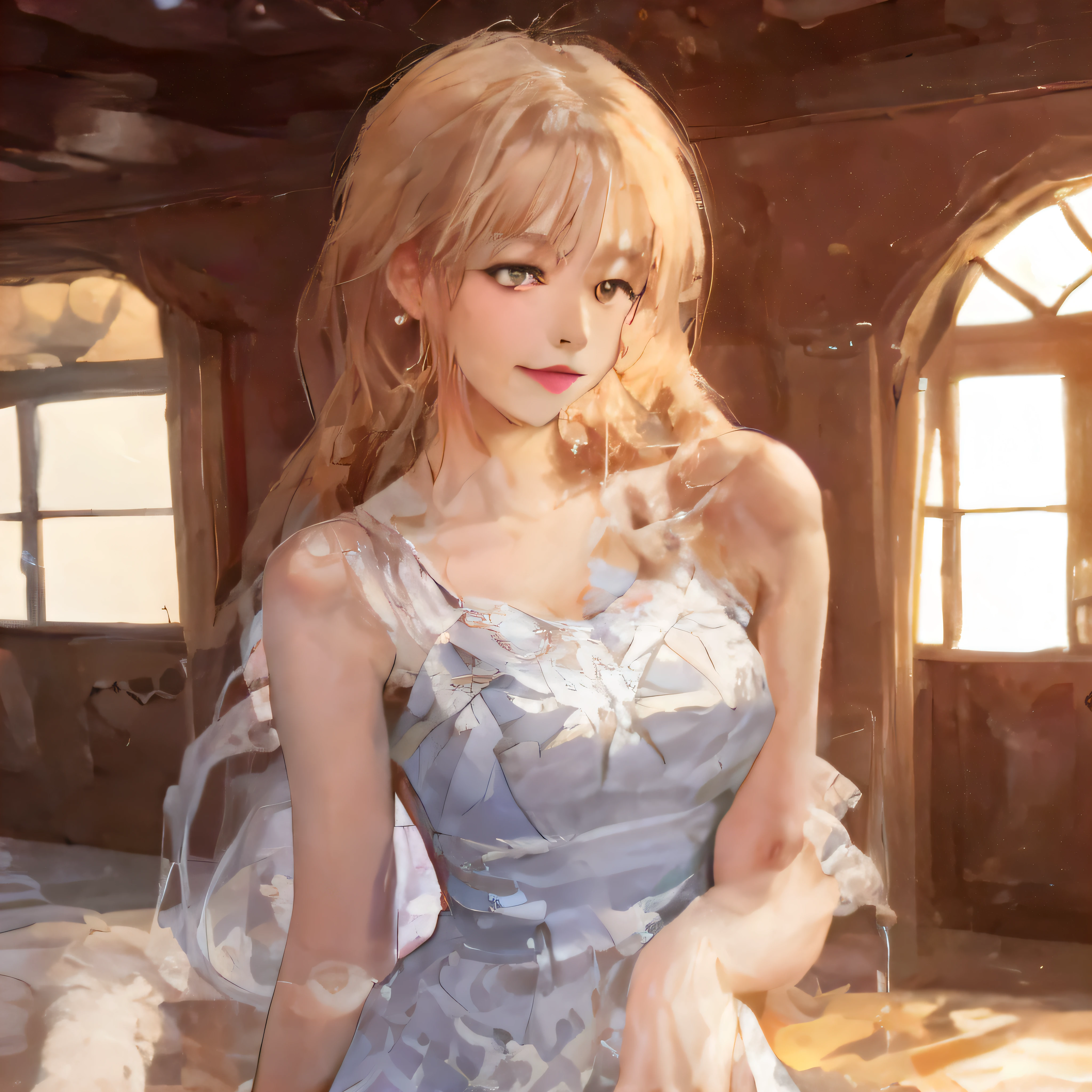 ((Best Picture Quality, 8k, tmasterpiece:1.3)), 1girl, Beautiful woman with slender abs:1.3, (Casual hairstyle, No leakage of big breasts:1.2), shift dresses:1.1, Ultra-fine face, A detailed eye, 二重まぶた,ssmile,Home,Hyper-realistic,closeup of face