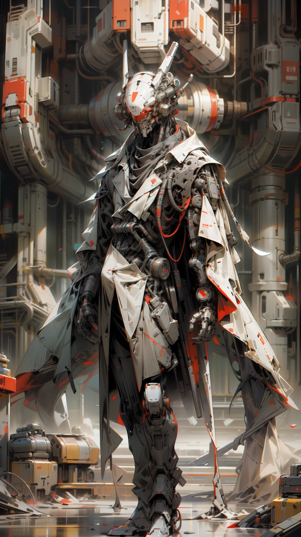 (high high quality+High definition)Future tech aesthetics:1.8,Black and red color scheme:1.2,Detailed mechanics and thrilling robots,Stroll through the magnificent futuristic city。Robot black and red,Future city landmark cyberpunk style, holding a two-meter long knife, man wears a sense of technology, Black and red tech trench coat
