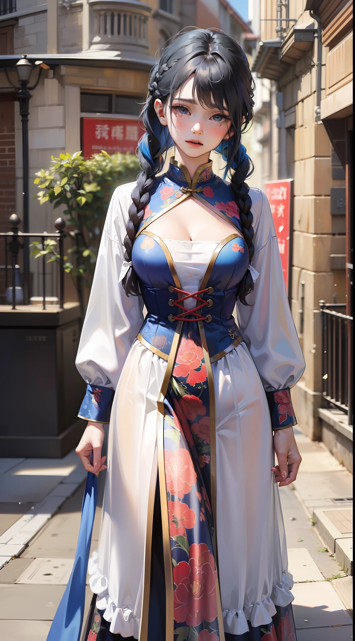 Blue hair hanging down, French braids, Bow knot, Tears in her eyes, HD 16K, Top quality, Super fine, Anatomical correct, Oxford Pie, ultra-realistic realism,on cheongsam,Full body like。