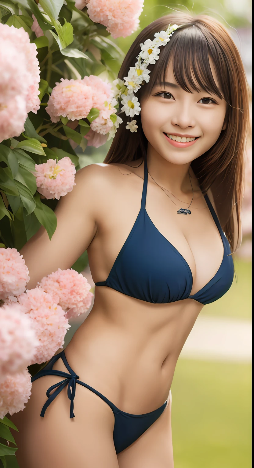 there is a woman that is standing in front of some flowers, a girl, girl wearing sexy swimsuit, bikini, lovely smile
