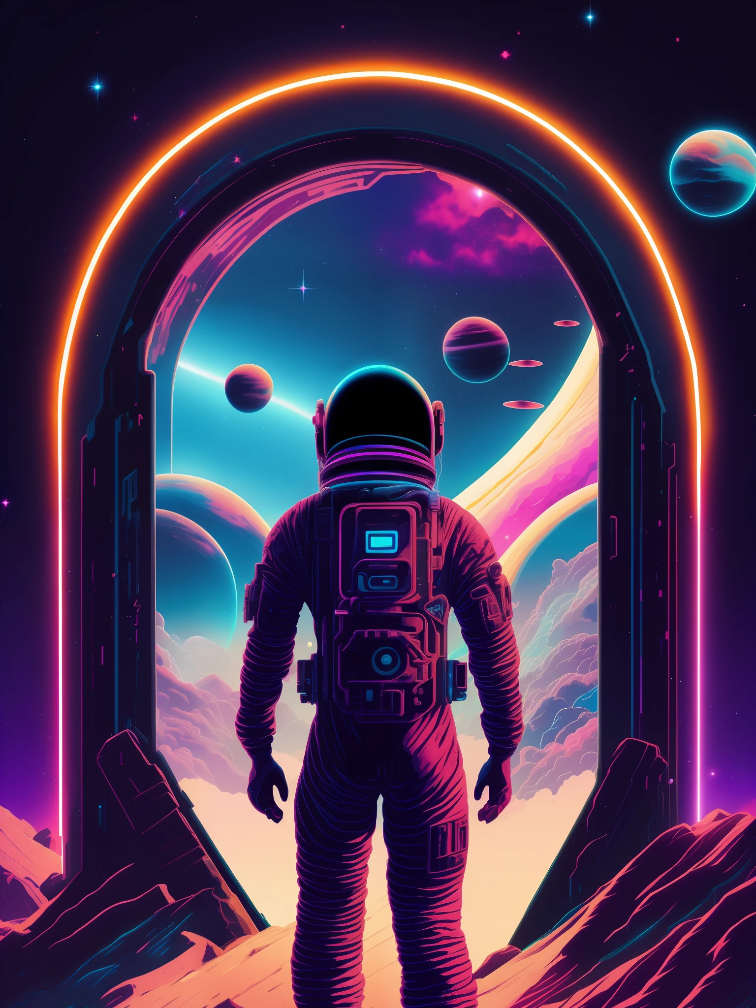 a man in a space suit standing in front of a doorway, portal to outer space, looking out into space, neon landscape, masterpiece epic retrowave art, epic retrowave art, synthwave art style, retrowave art, beautiful art uhd 4 k, outrun art style, retrowave epic art, vaporwave,retro wave, synthwave art, outrun style and colours,jen bartel,surreal space,fantasy space, outer space.